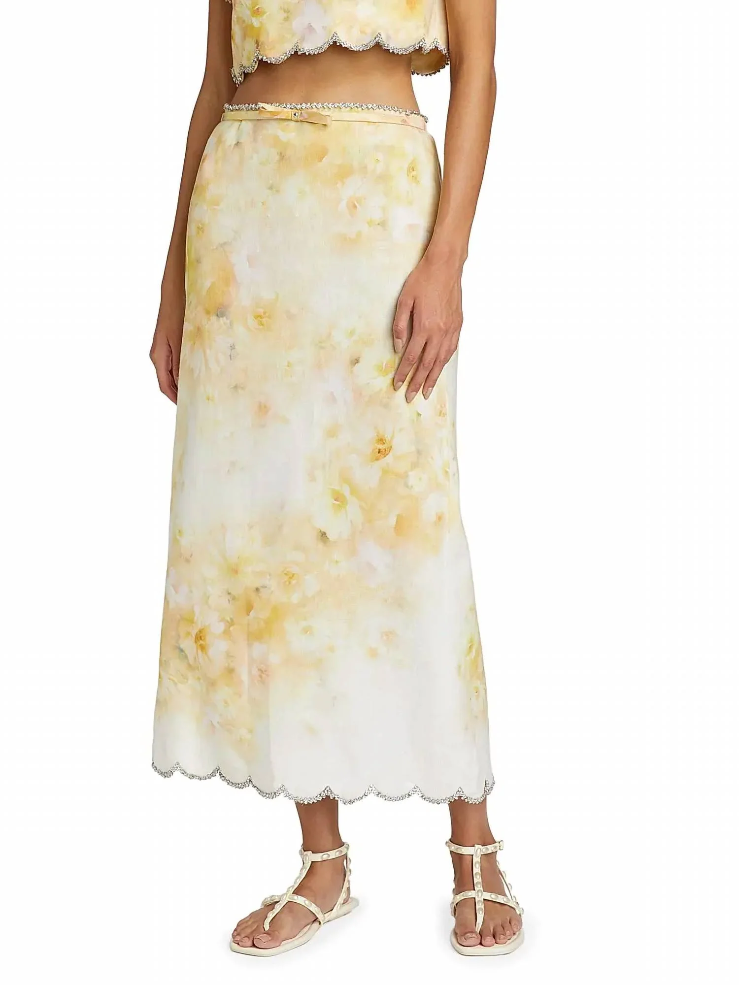 Crush Scalloped Midi Skirt In Yellow Floral