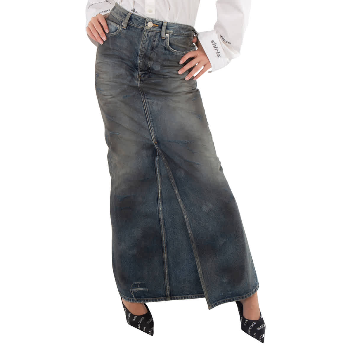 Balenciaga Faded Maxi Denim Skirt In Dirty Pale Blue