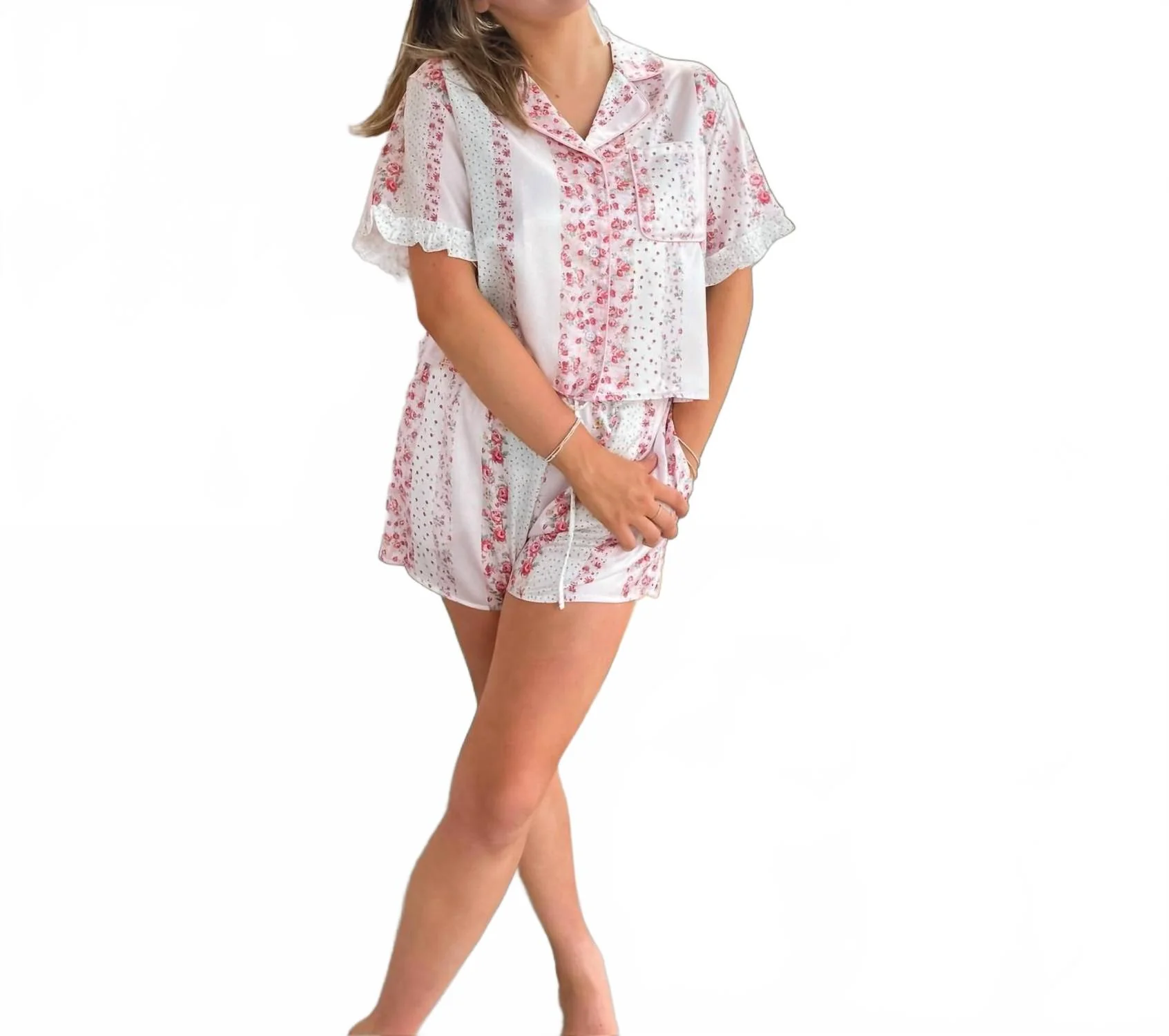 Ruffles & Florals Satin Pj Set In Pink