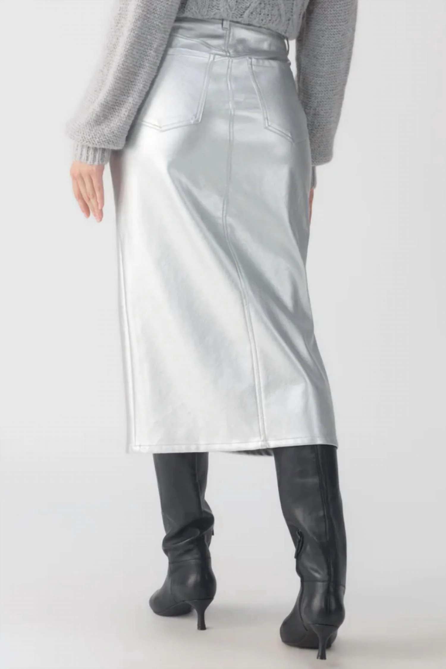 Leather Like Leather Midi Skirt In Silver