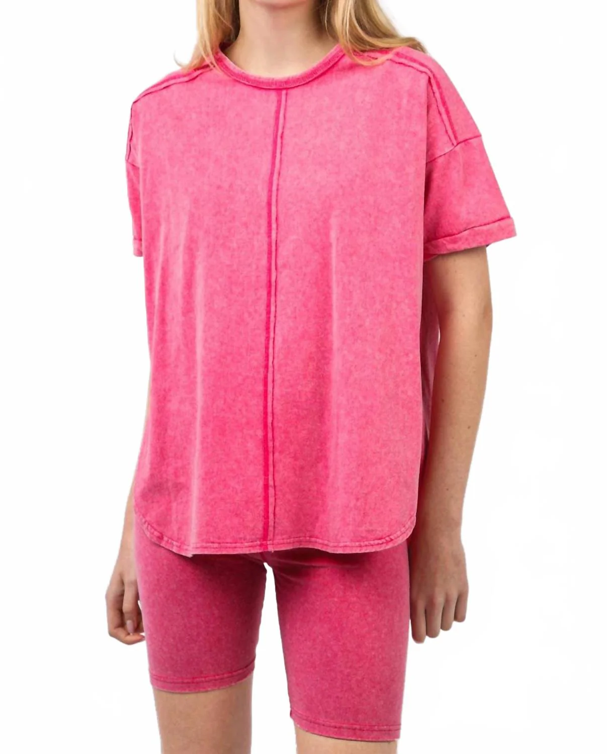 Comfy Washed Biker Top And Short Set In Pink