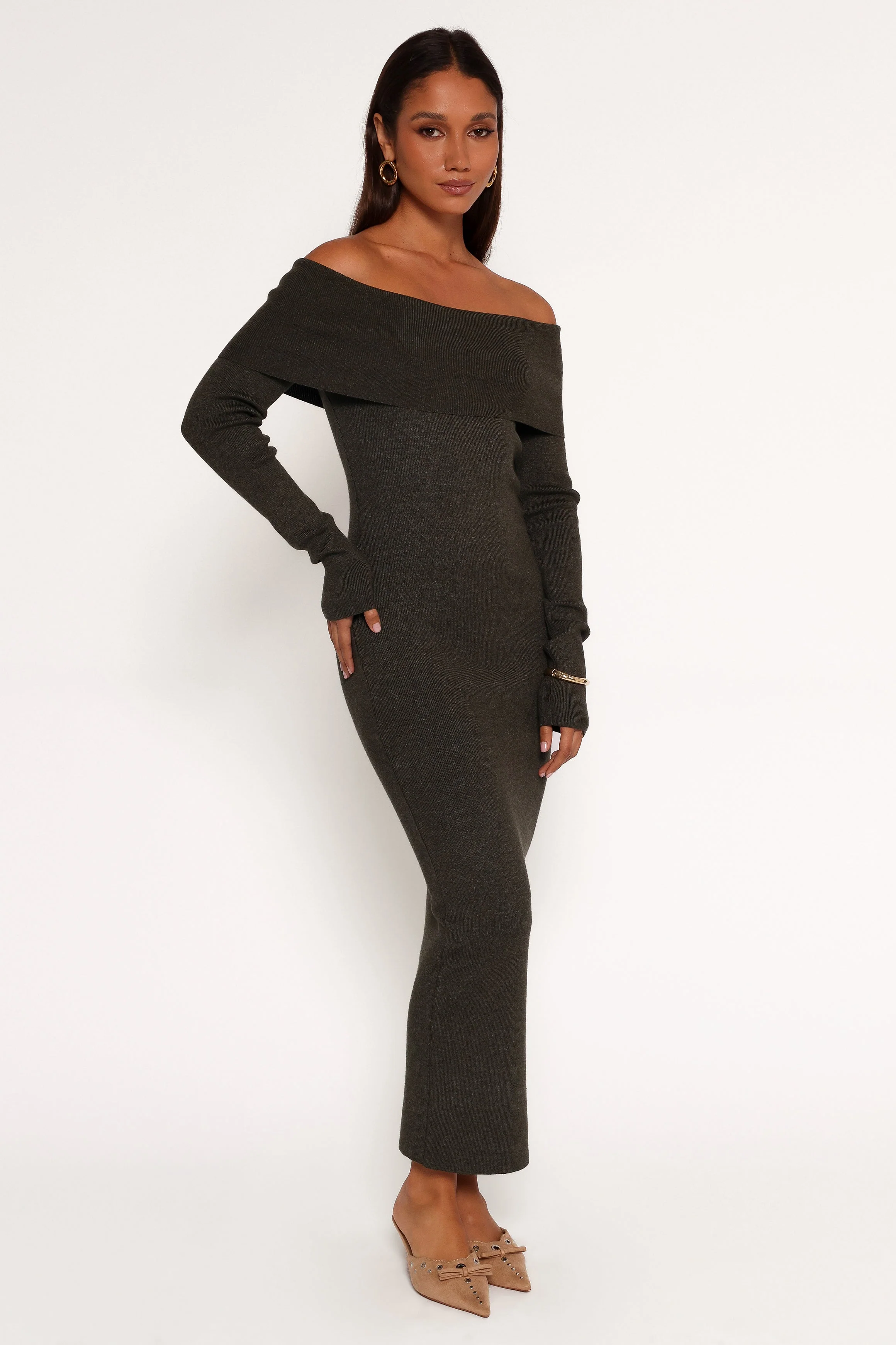 Archie Off The Shoulder Midi Dress - Olive