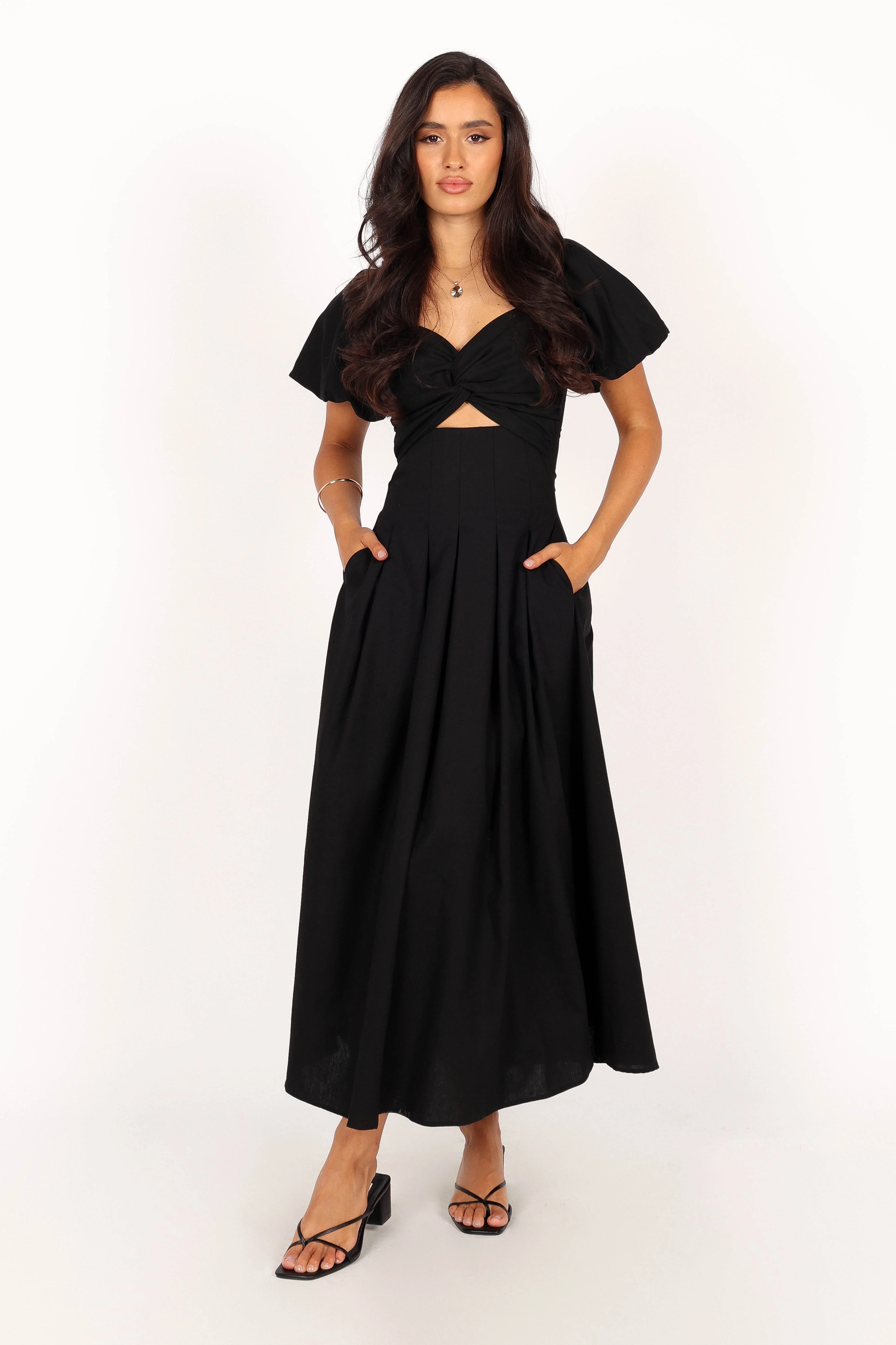 Maria Puff Sleeve Midi Dress - Black