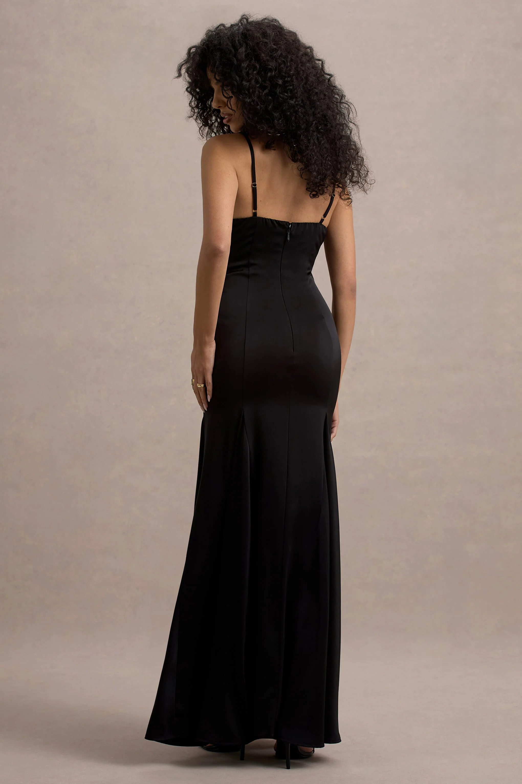 Ashly | Black Satin Maxi Dress With Volume Hem