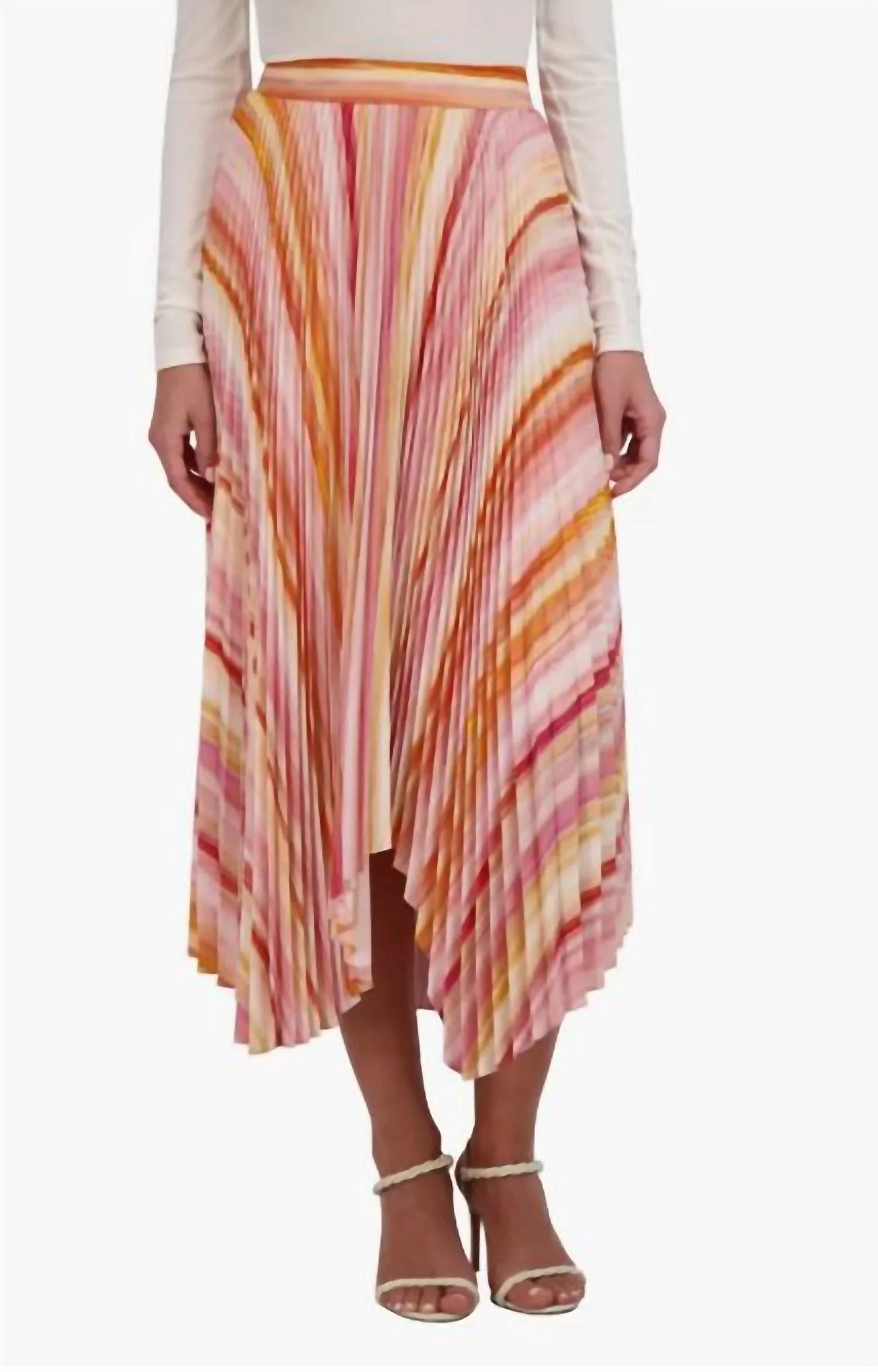 Pleated Multi Print Midi Skirt In Multicolor