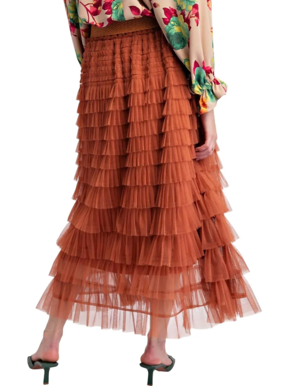 Ruffle Patch Tulle Skirt In Rust