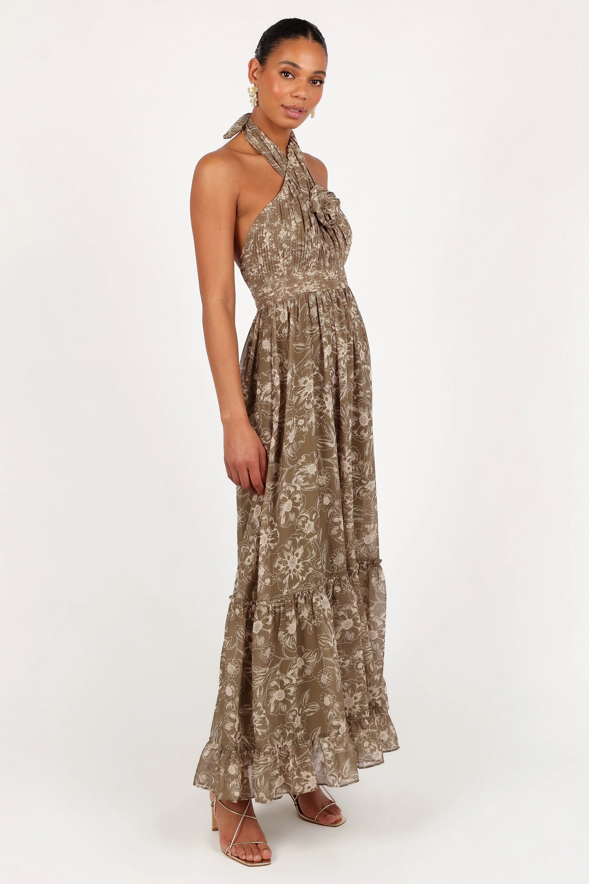 Lennon Halterneck Maxi Dress - Olive Floral