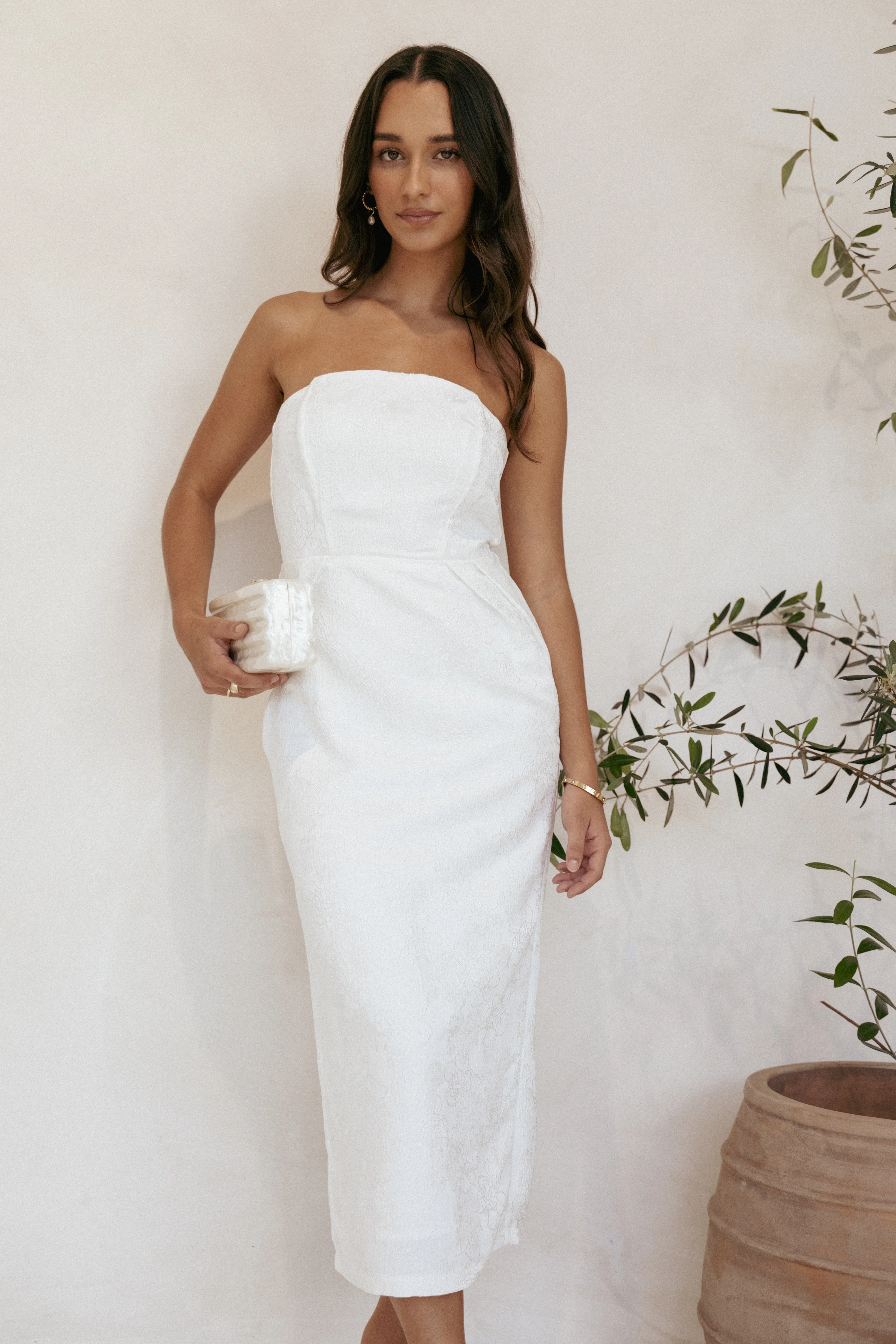 Avah Strapless Midi Dress - White