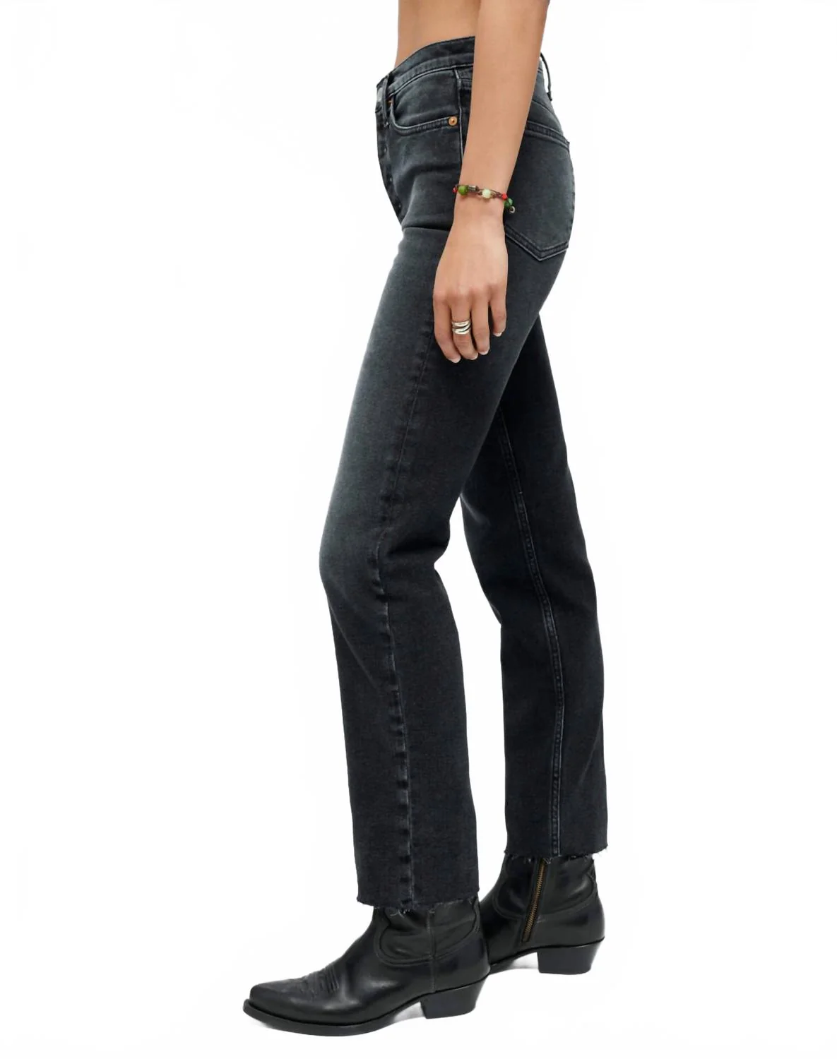 Comfort Stretch High Rise Stove Pipe Jeans In Washed Noir