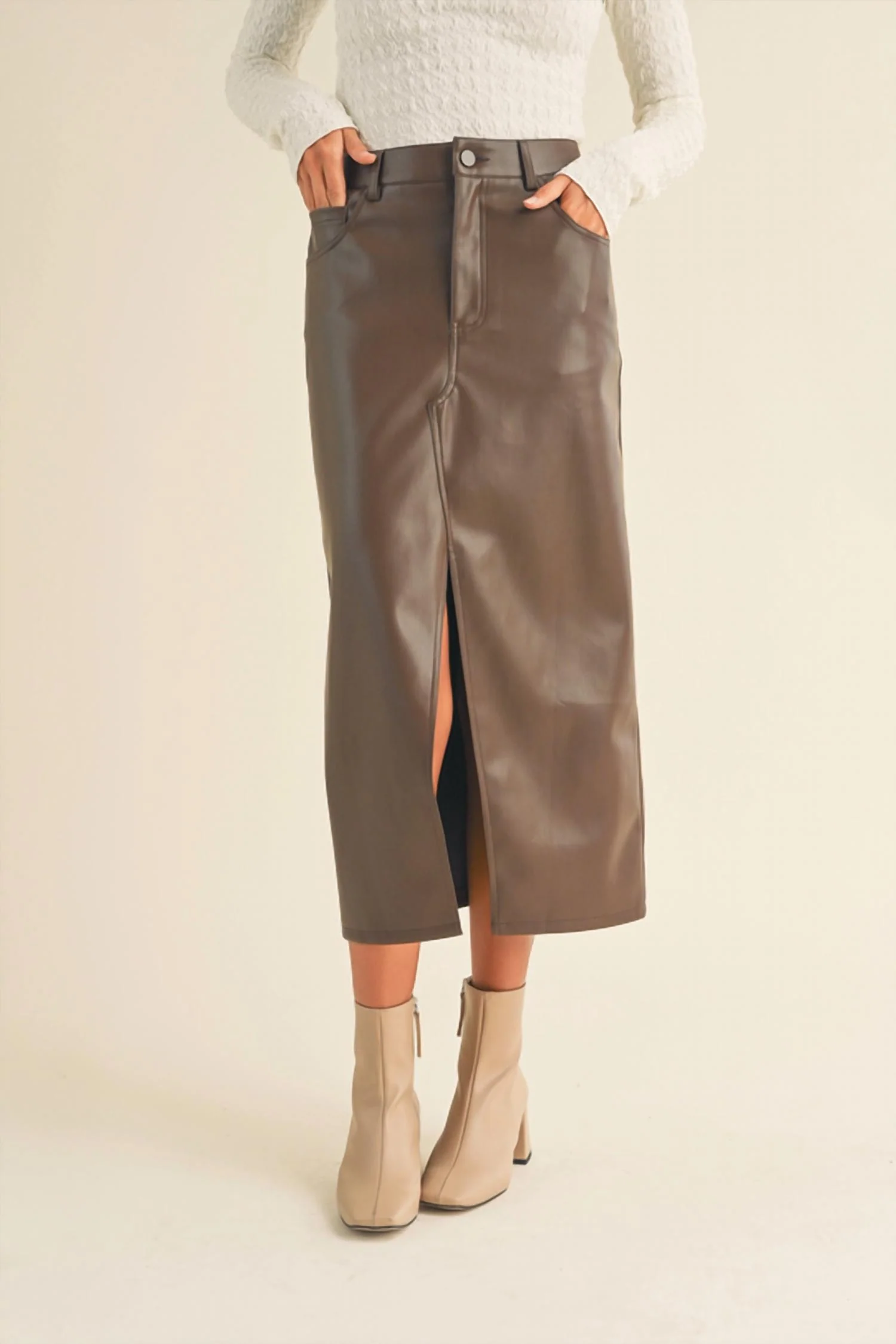 Pleather Slit Front Skirt In Brown