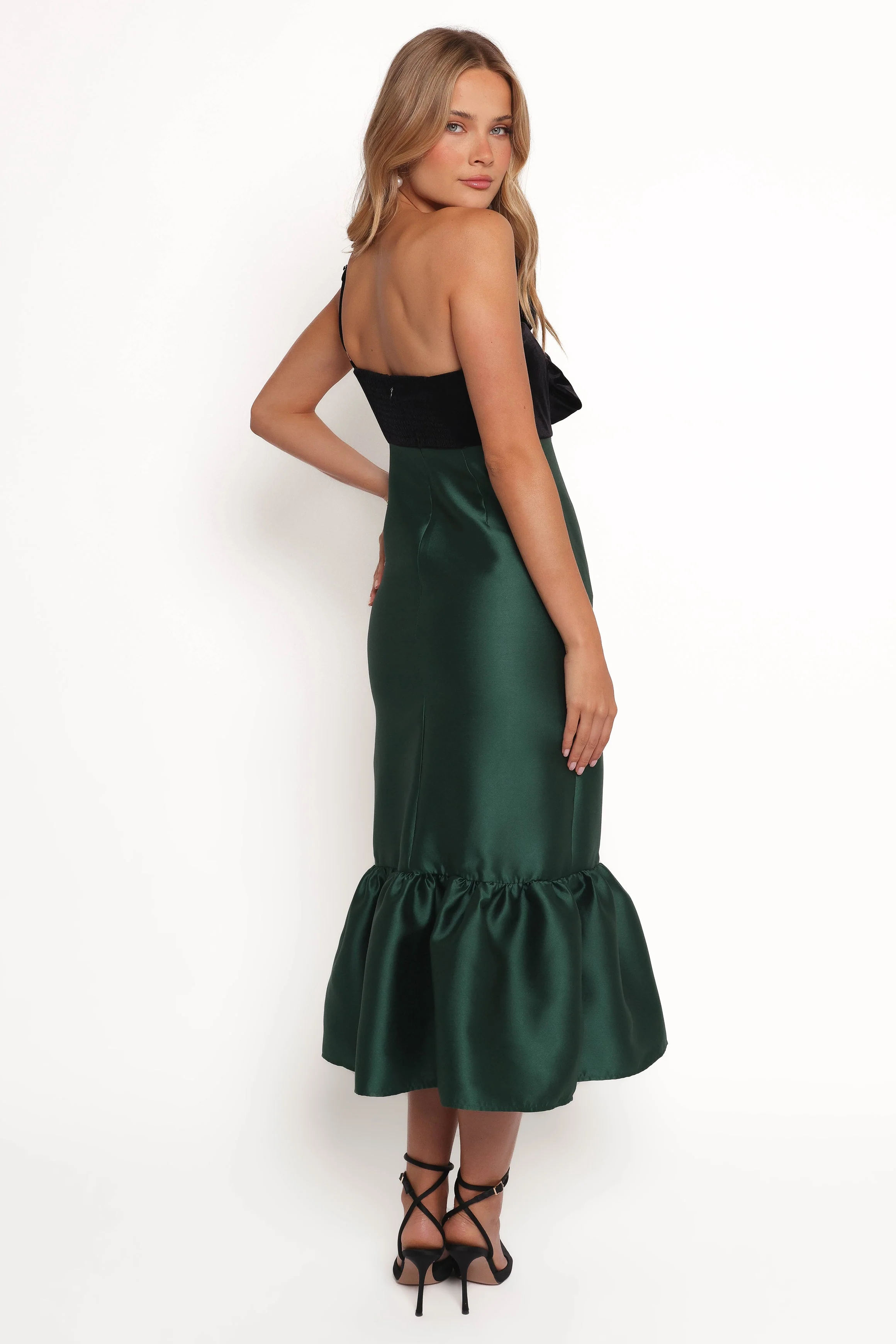 Amelie Bow Front One Shoulder Midi Dress - Black/Emerald