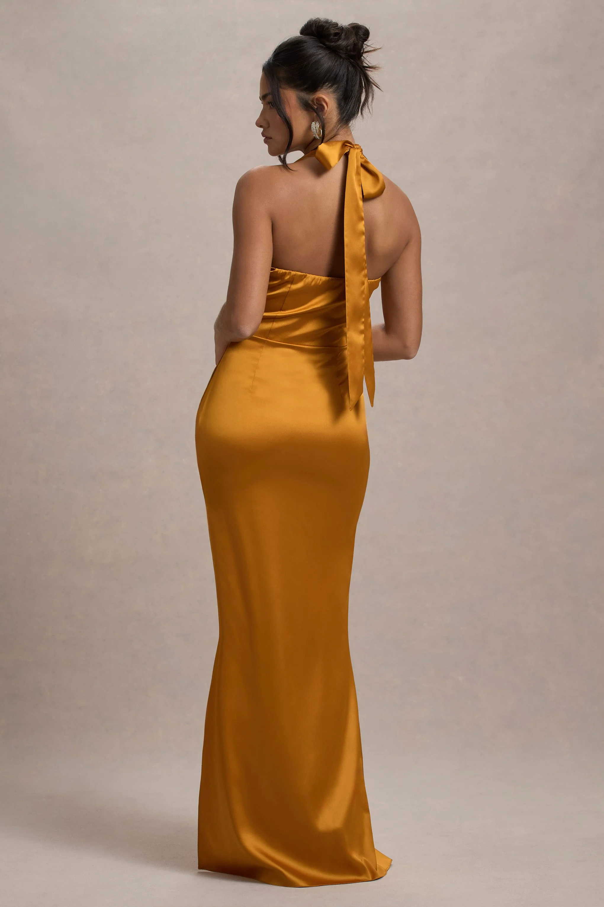 Inferno | Mustard Satin Plunge-Neck Gathered Split Maxi Dress