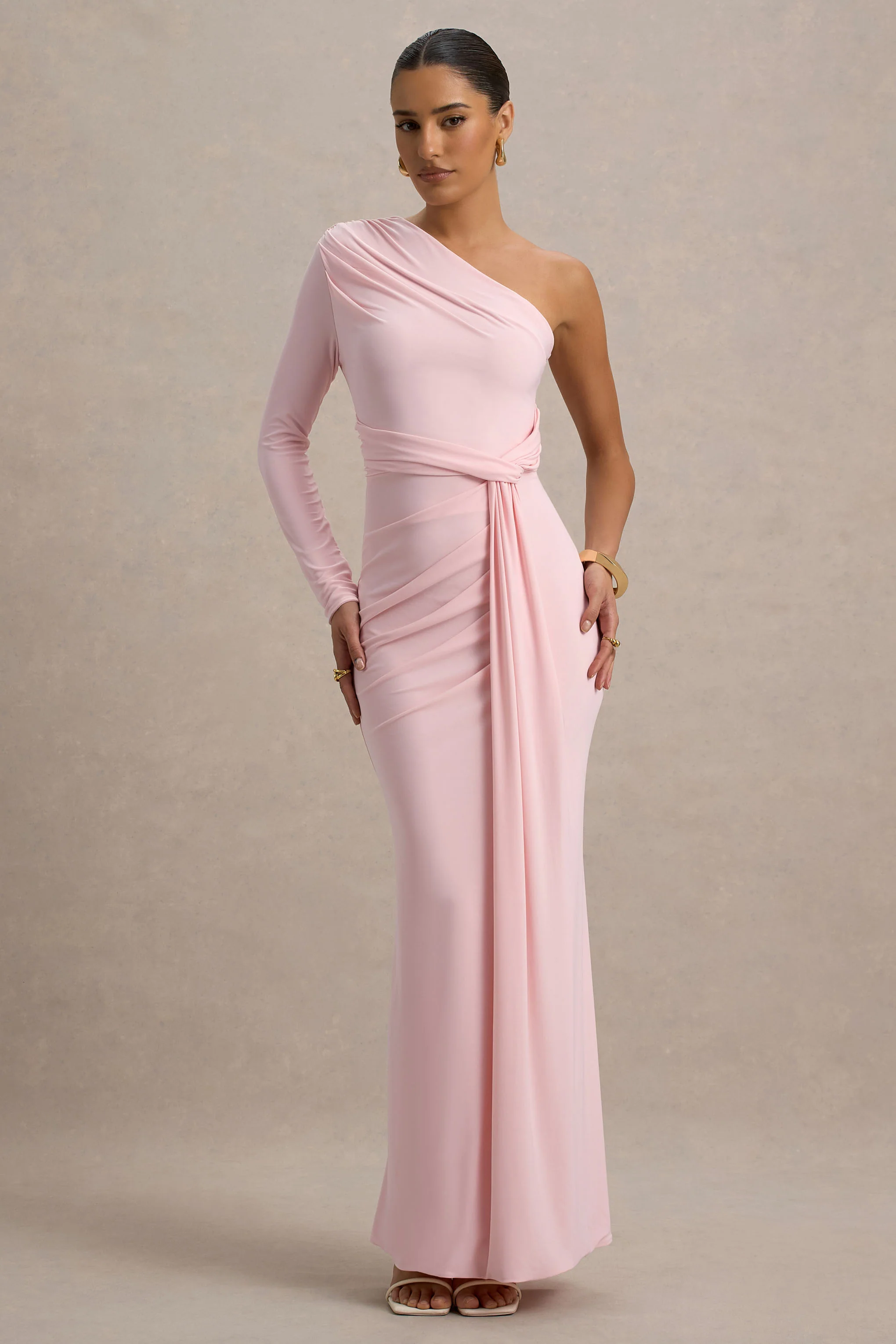 Sanya | Blush Pink Asymmetric One Sleeve Wrap Maxi Dress with Drape