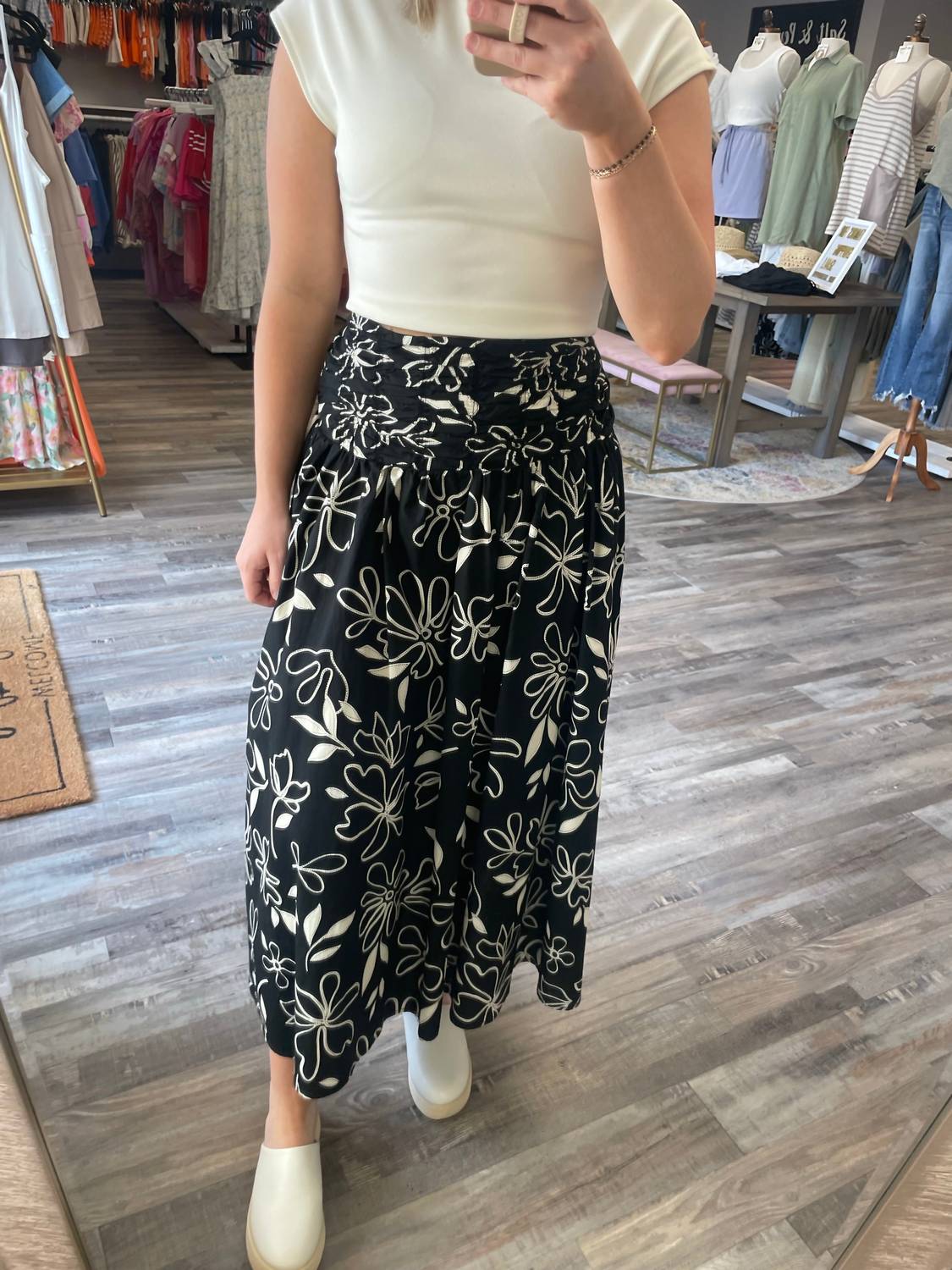 Floral Smocked Midi Skirt In Black Multi