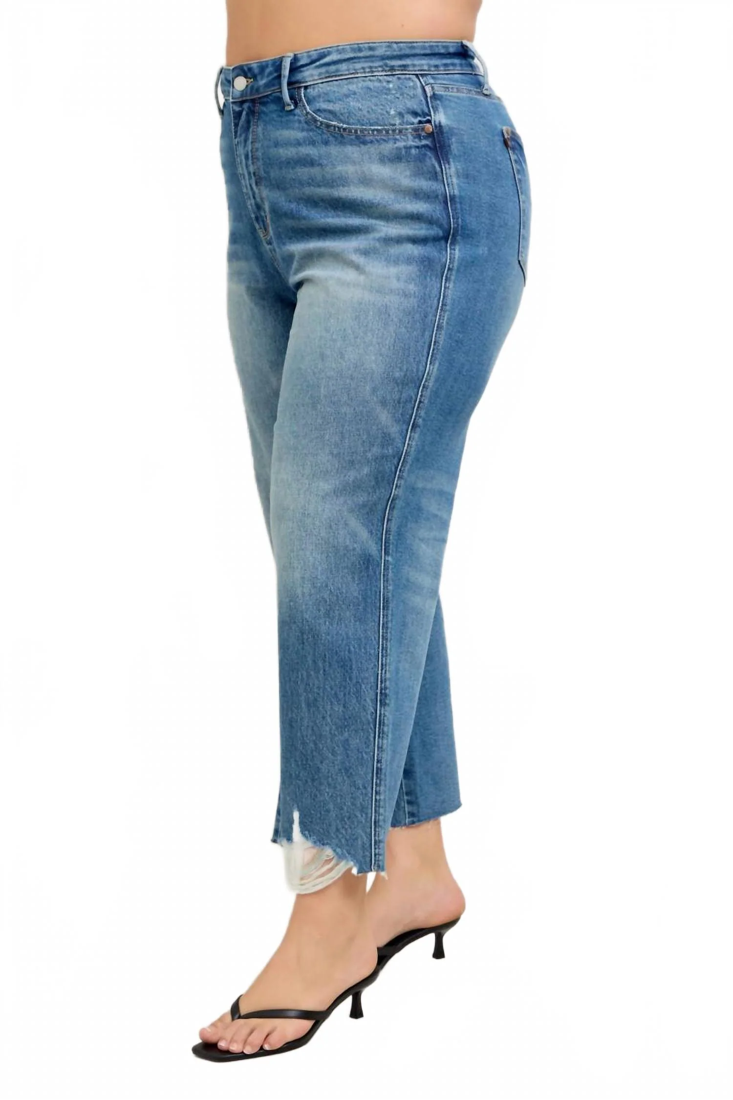 High Rise Rigid Magic Destroy Hem Crop Wide Leg Jeans- Plus In Denim