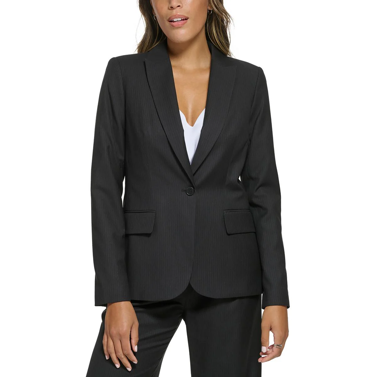 Womens Pinstripe Polyester One-Button Blazer