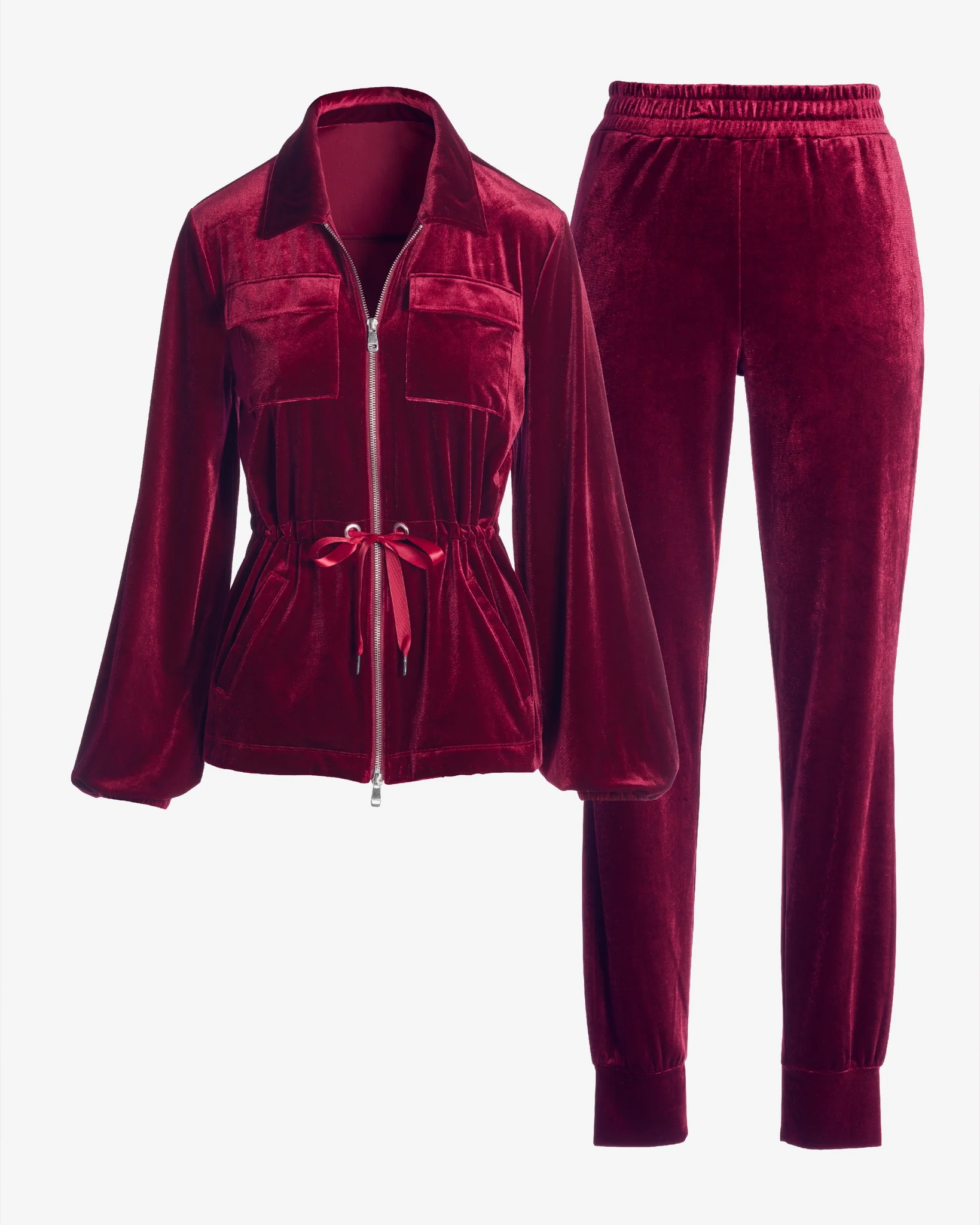 Chic Velour Drawstring Jacket and Jogger Set Burgundy