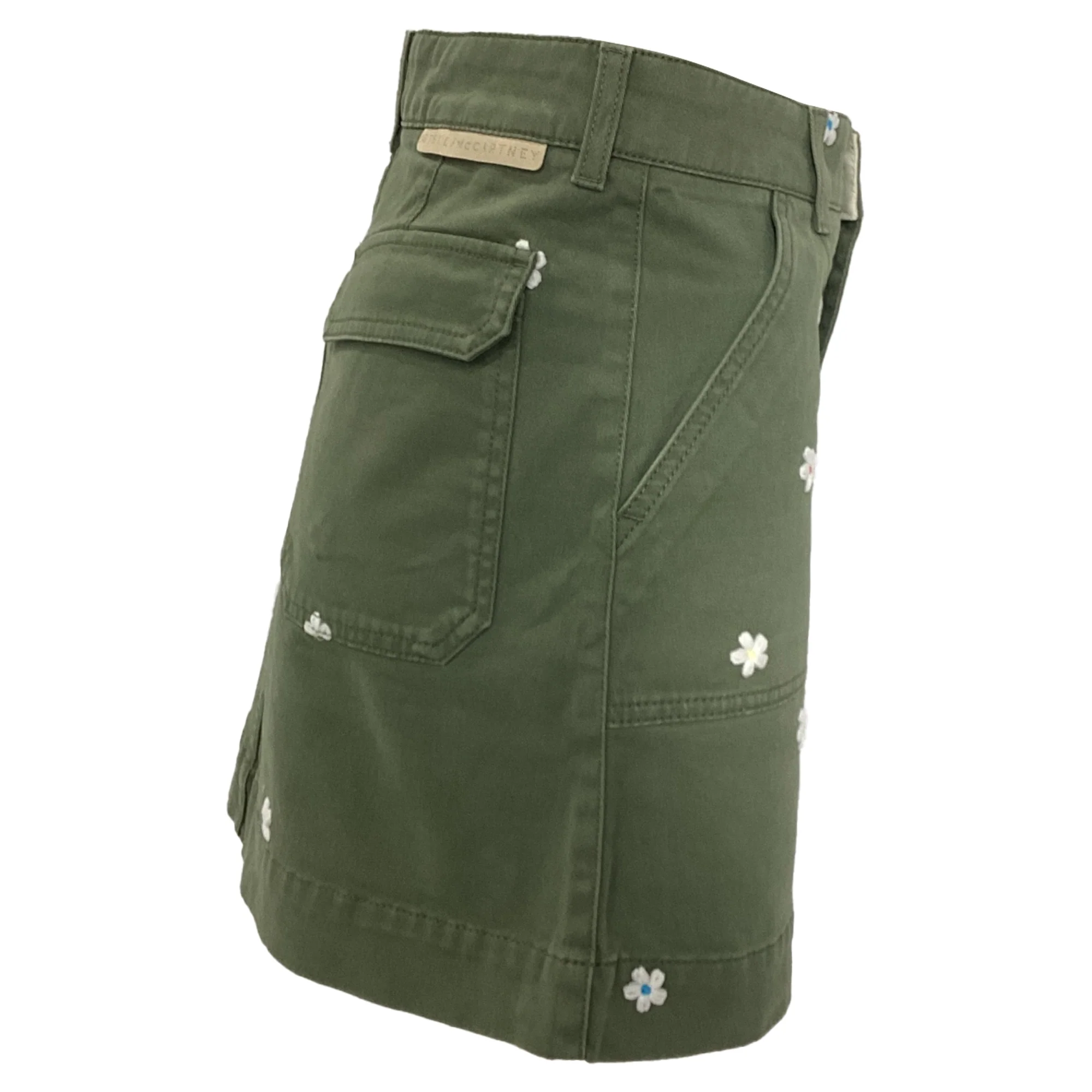 Stella Mccartney Flower-Embroidered Mini Skirt in Olive Cotton Denim