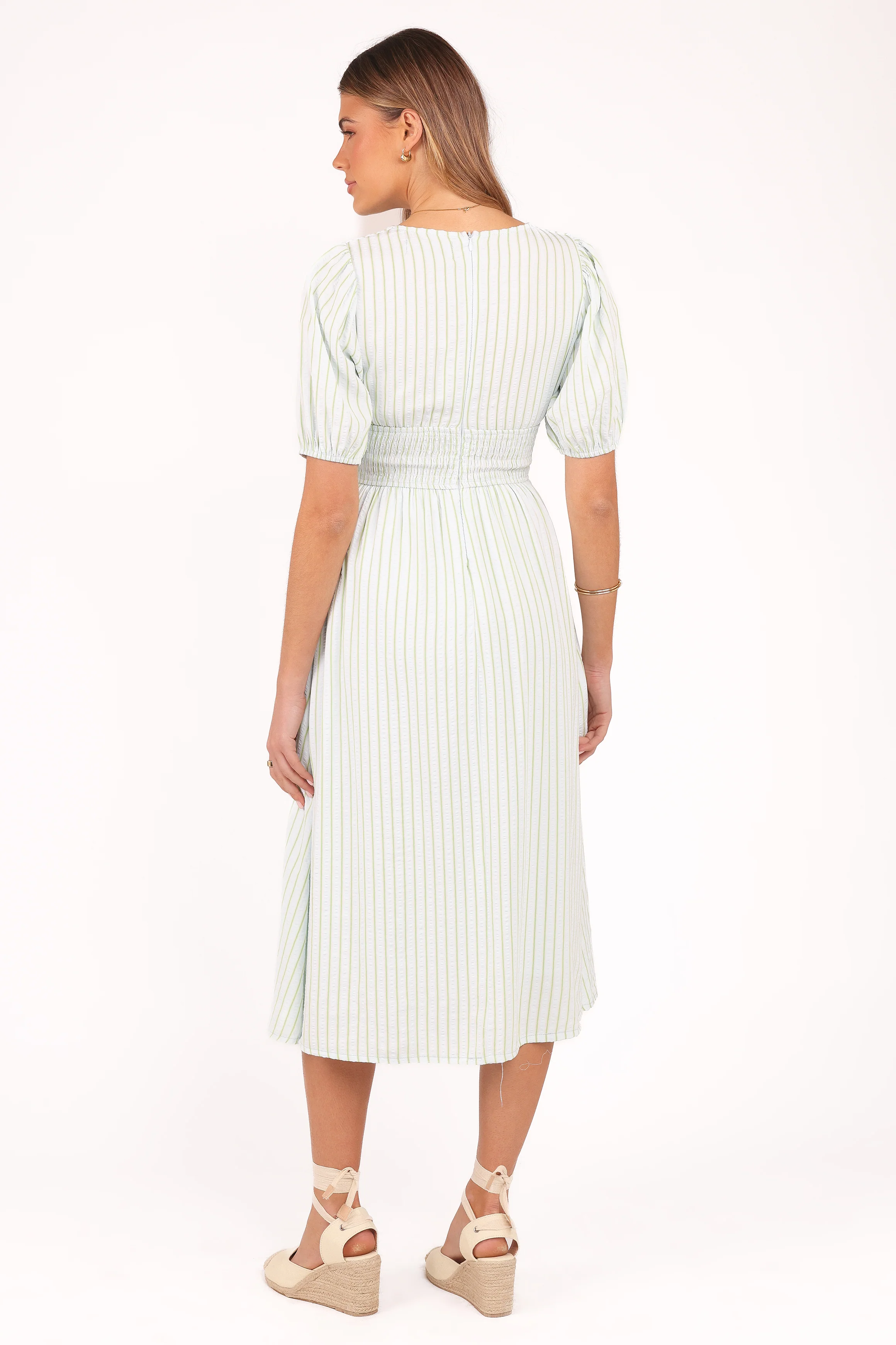 Ronnie Short Sleeve Midi Dress - Green Blue Stripe
