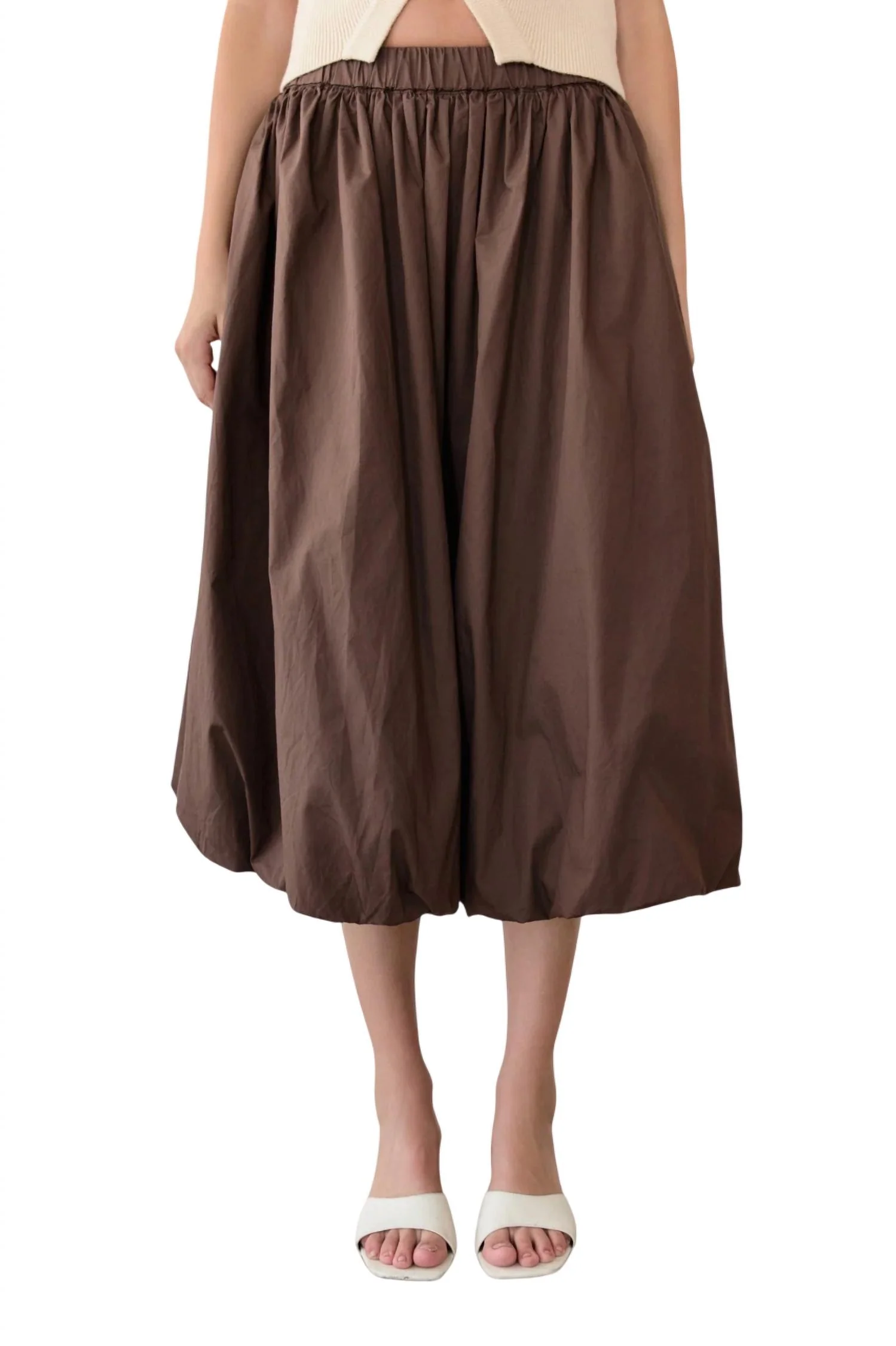 Elastic Waist Bubble Hem Skirt In Brown