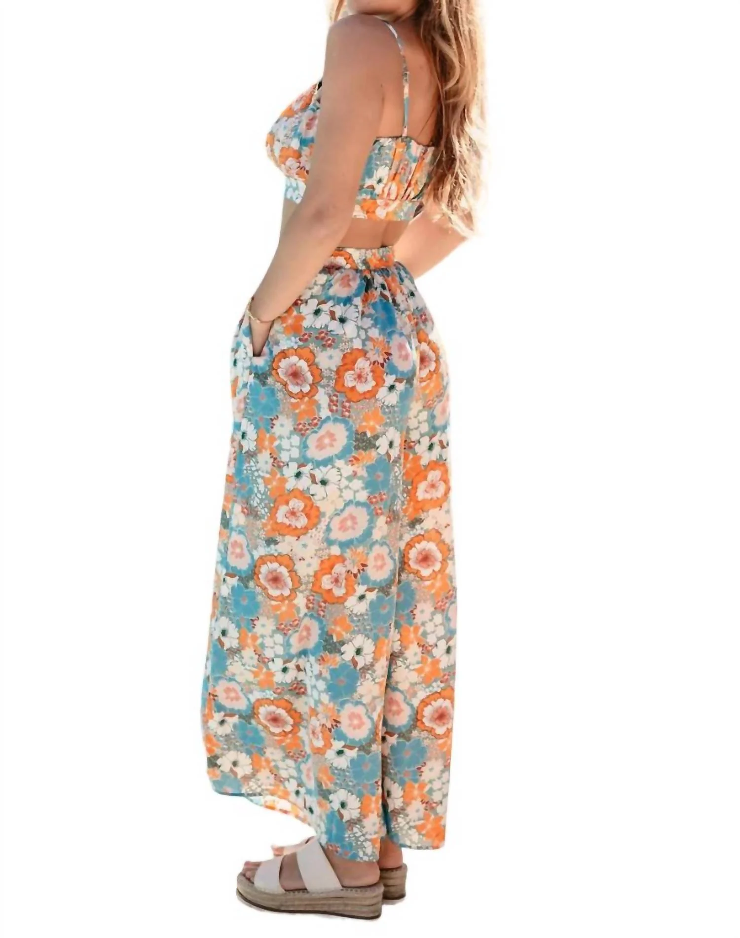 Harmony Flower Power Crop Top & Flare Pant Set In Blue/orange