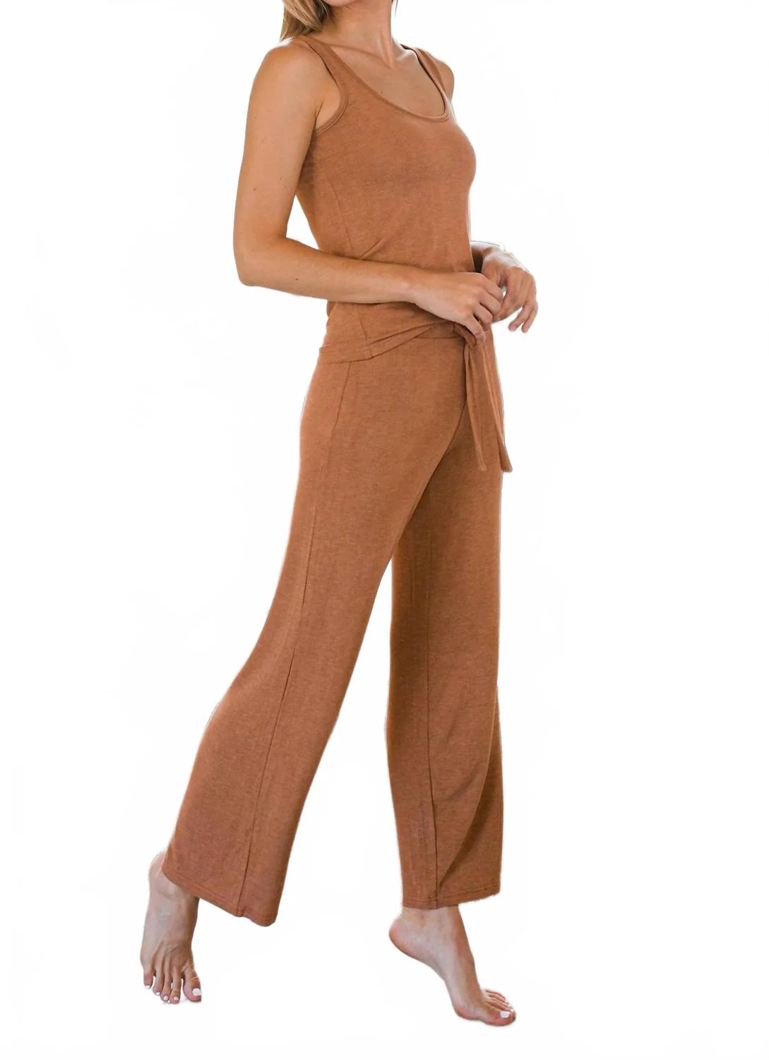 Peyton Bamboo Sweater Drawstring Lounge Pant In Camel Heather