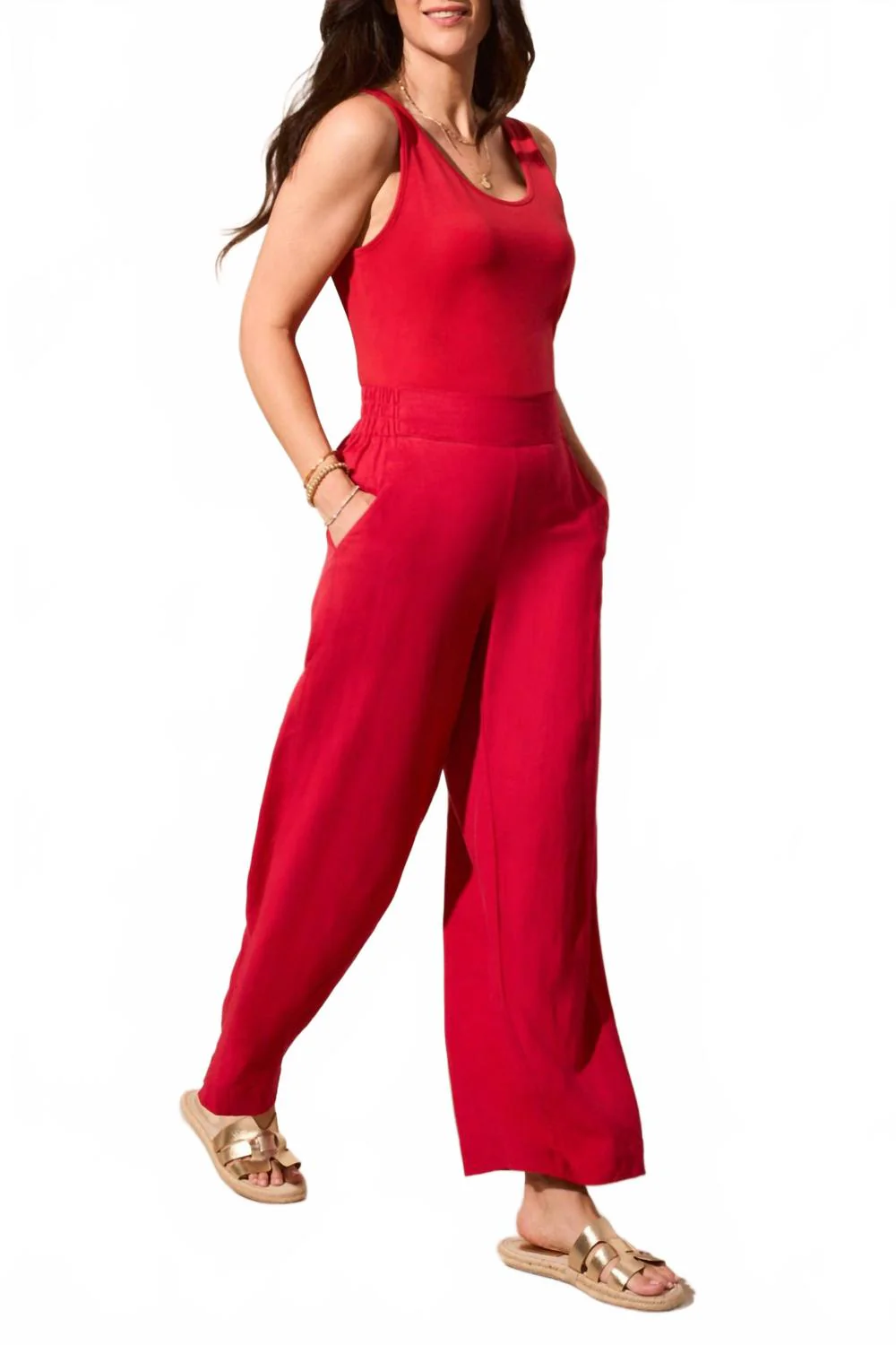 Linen Blend Pull-On Ankle Pants In Cherry Red