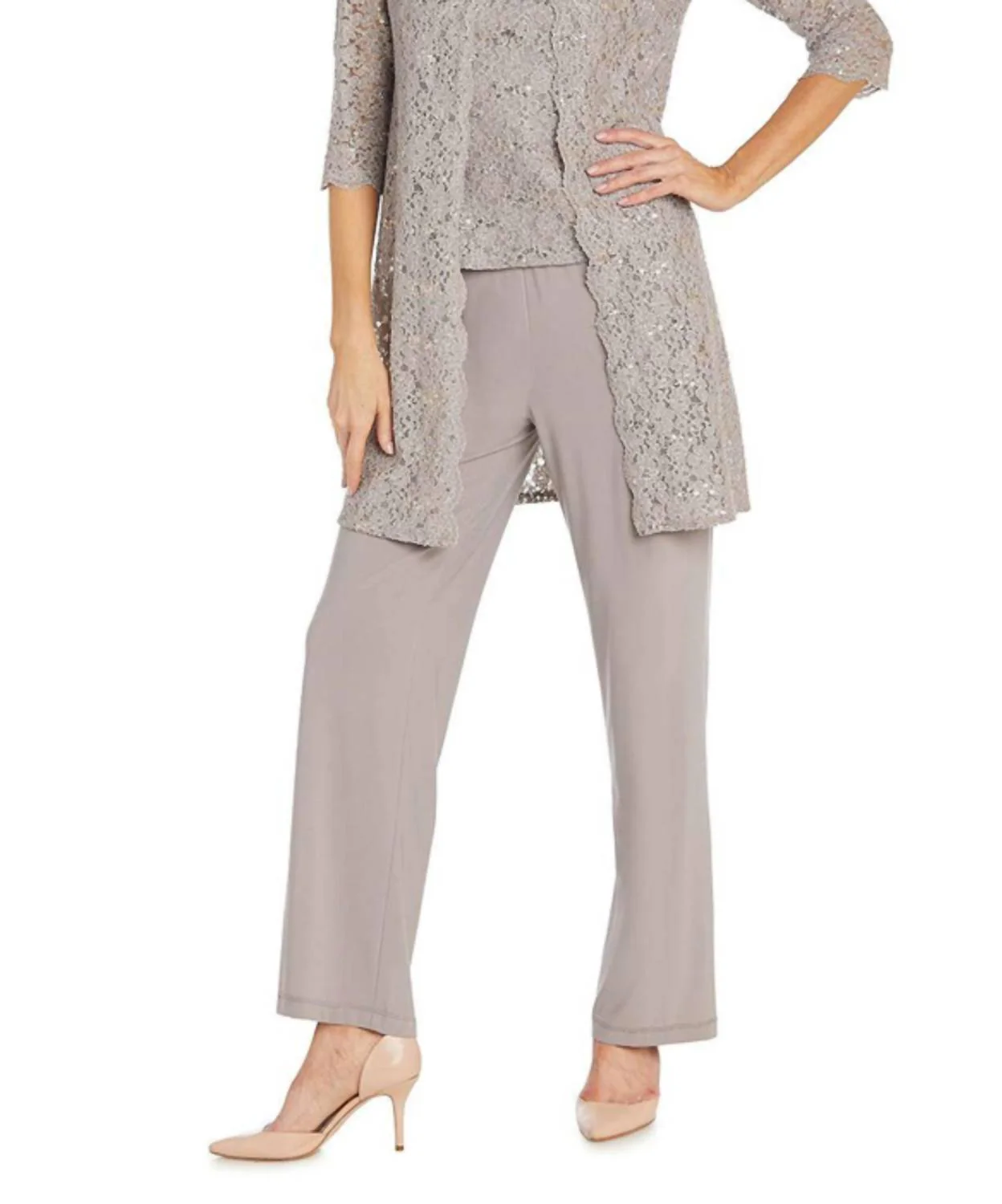Embellished Dressy 3 Piece Pants Set In Taupe