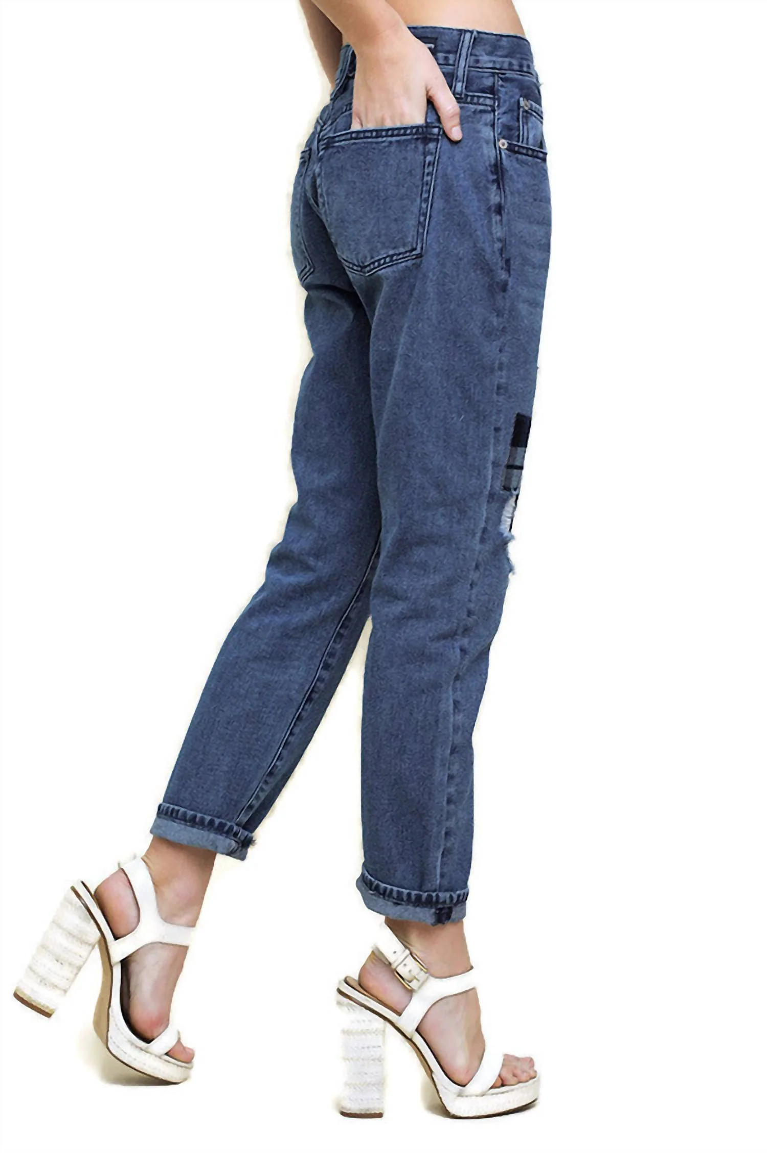 Distressed Patchwork Boyfriend Jean In Dark Denim