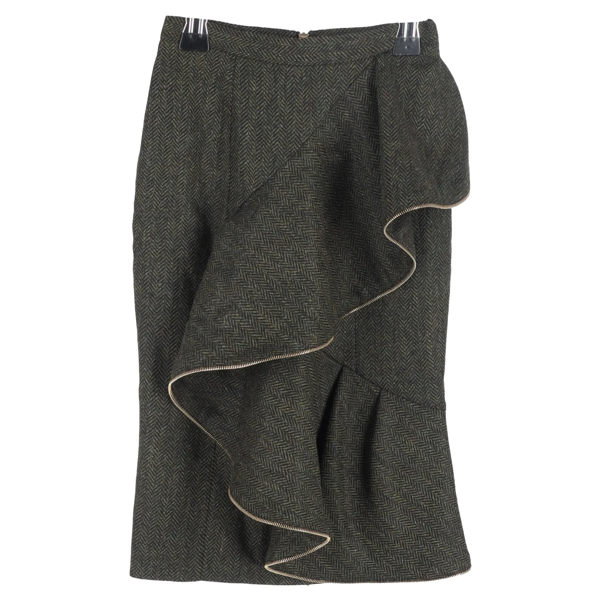 Burberry Prorsum Ruffled Midi Pencil Skirt in Green Wool