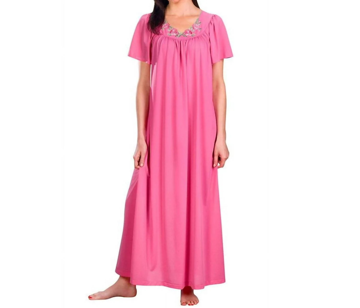 Flower Petal Embroidery And Flutter Sleeves Long Nightgown In Rosey Pink