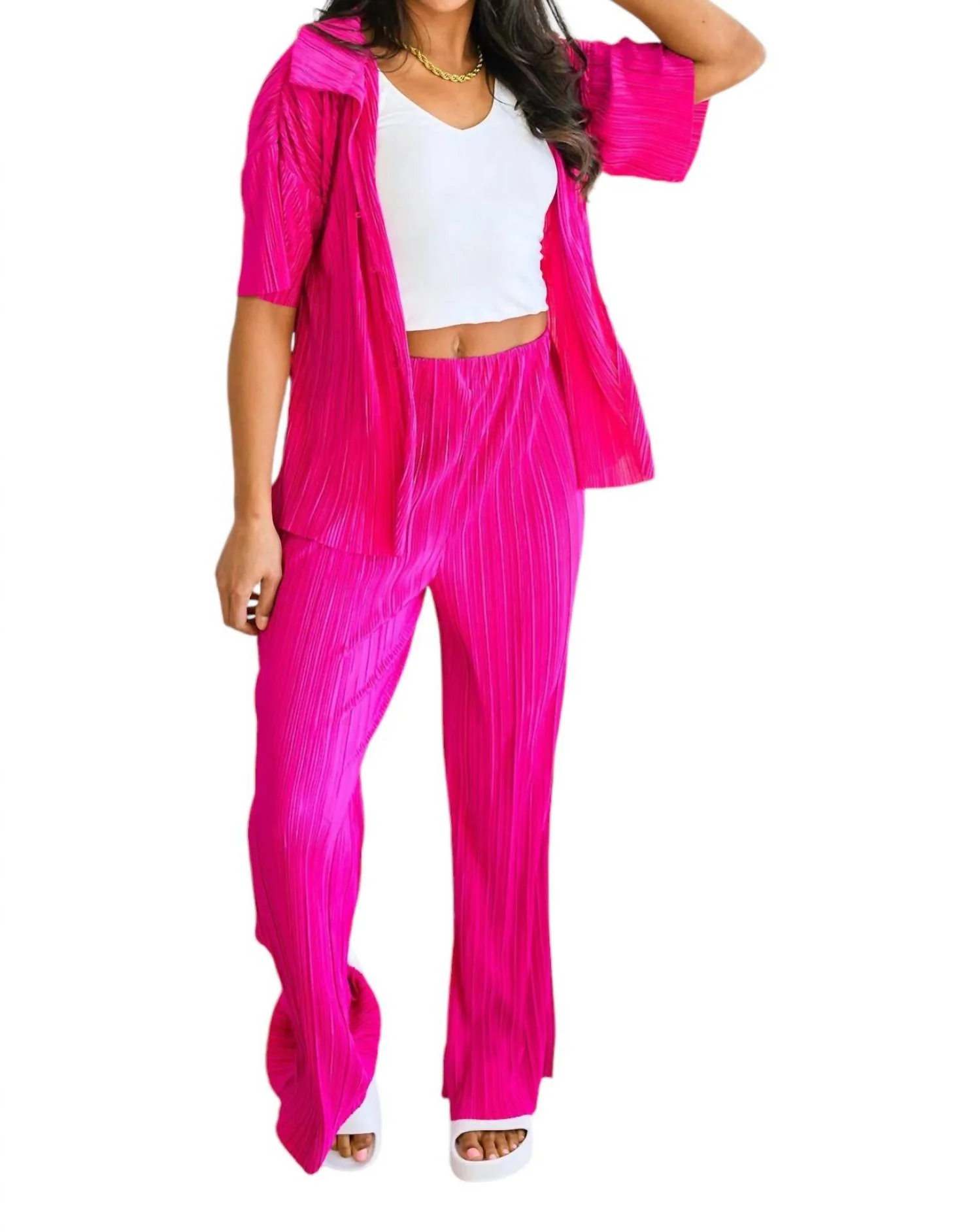 Low Key Perfect Plisse Set In Hot Pink