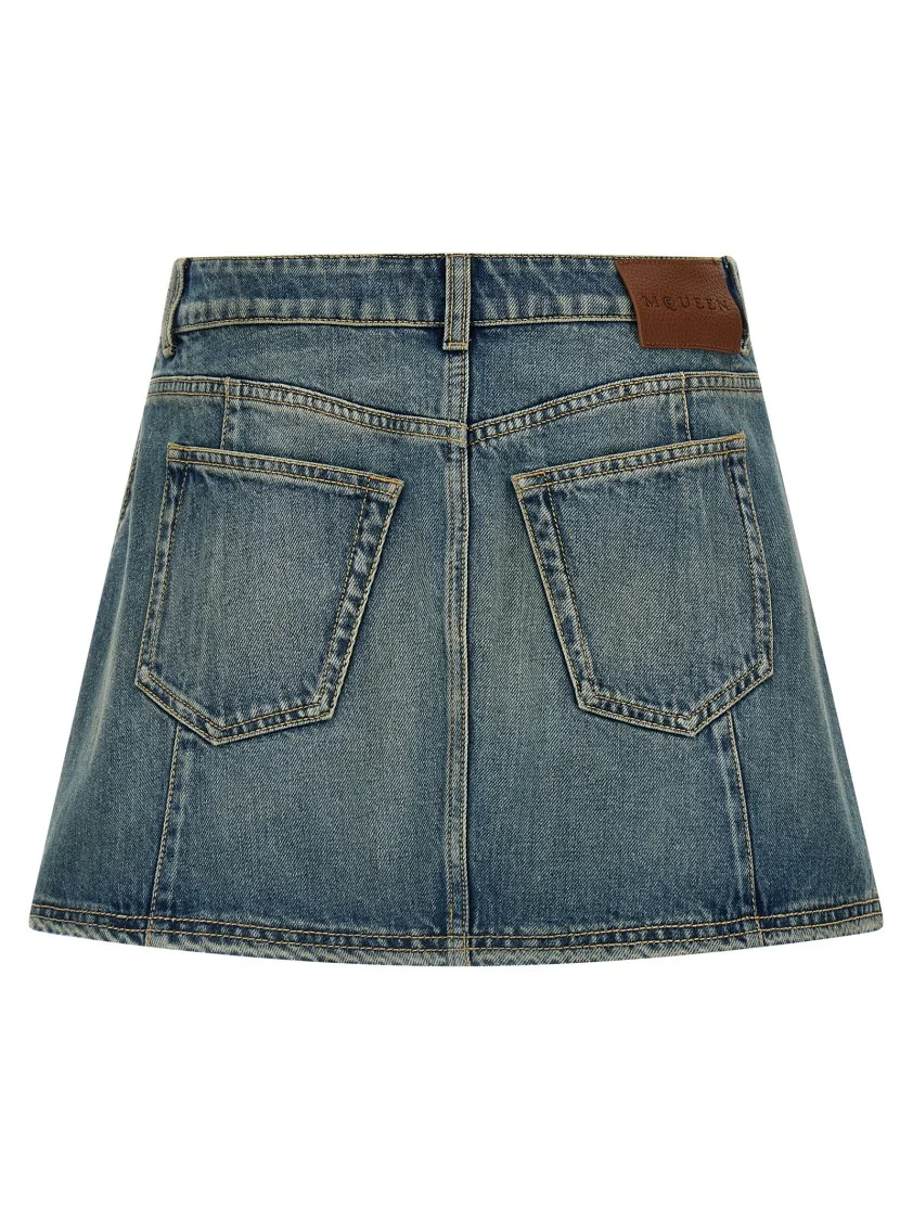 Flounced Delavé Cotton Denim Mini Skirt
