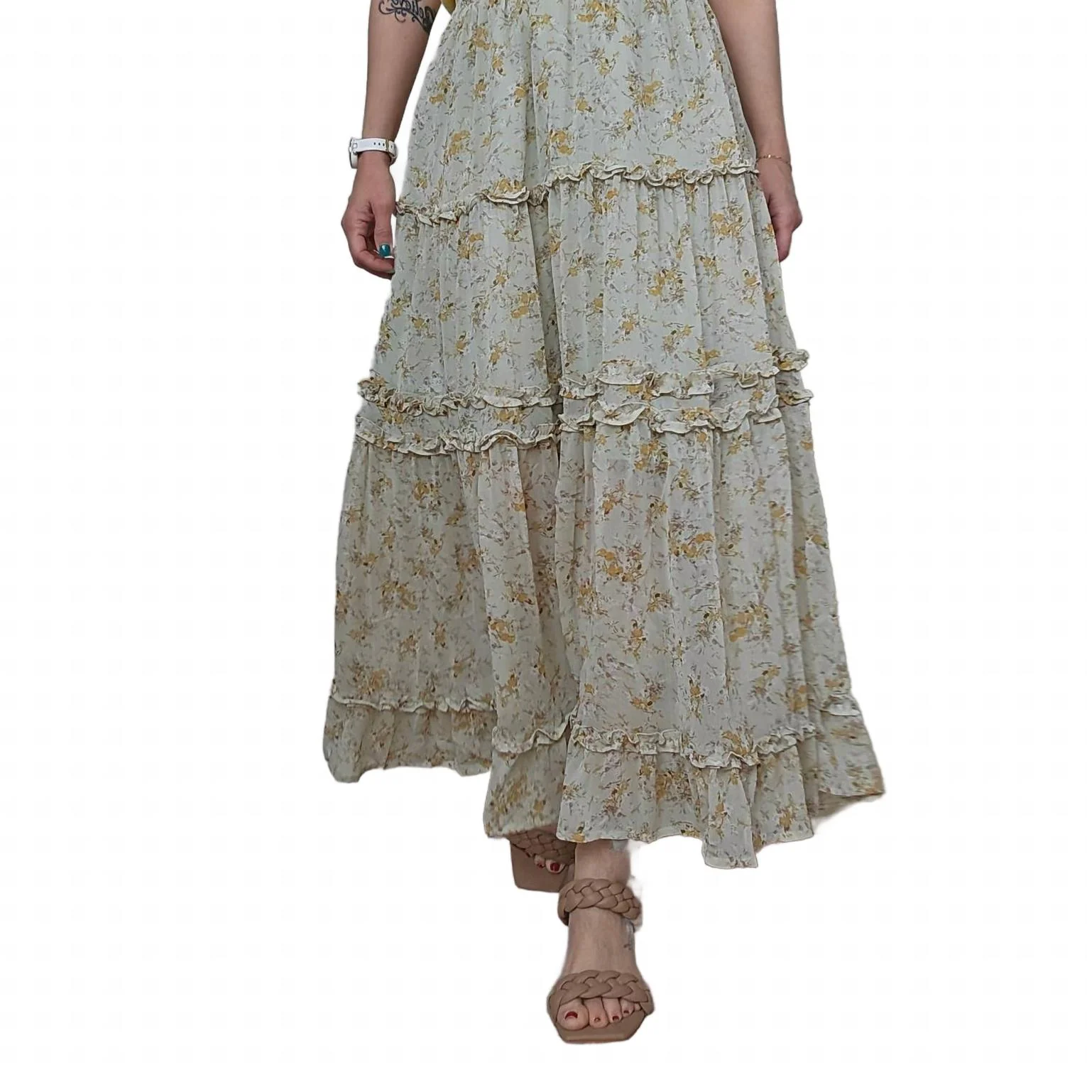 Floral Tiered Maxi Skirt In White