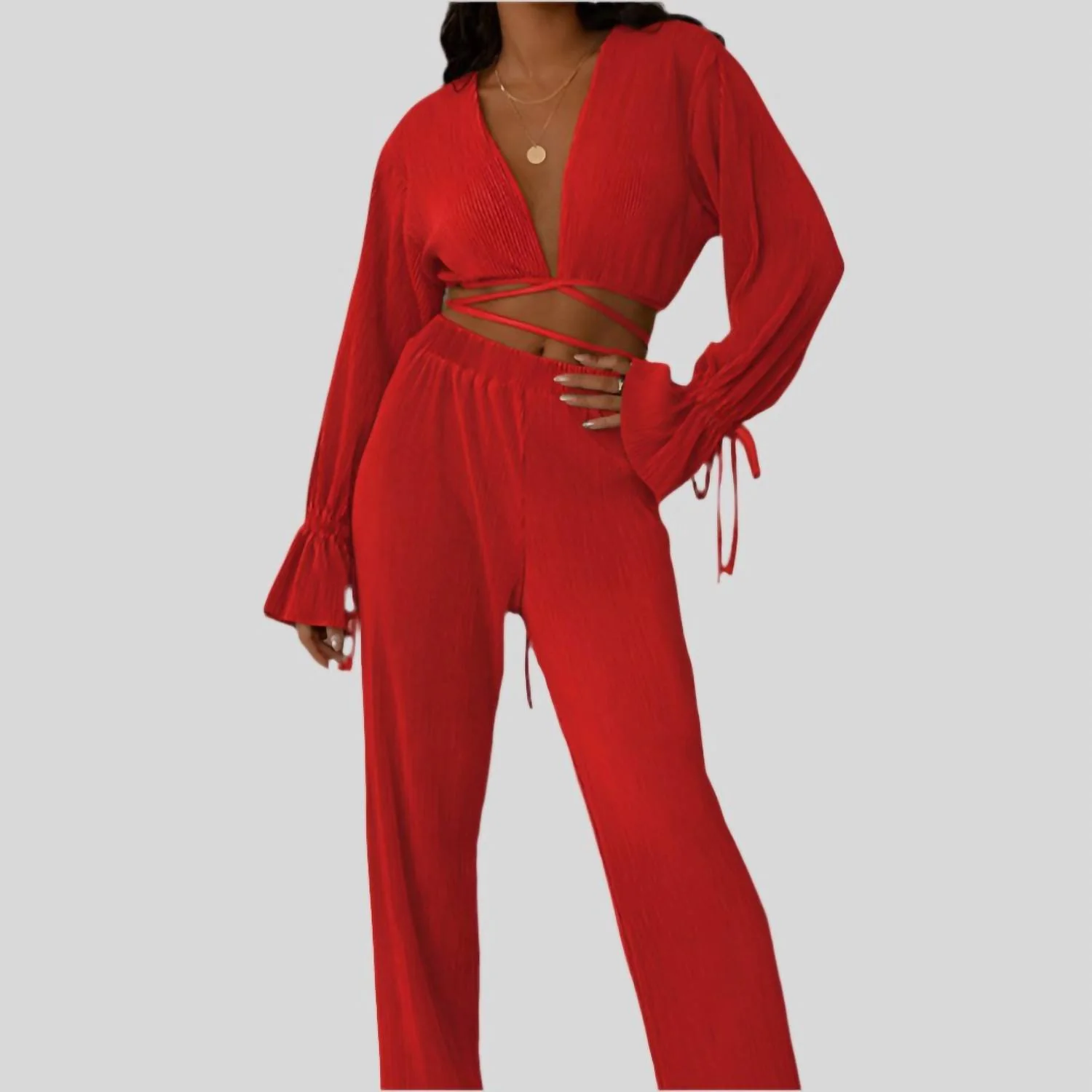 Zyrenne Plisse Pants Set In Red