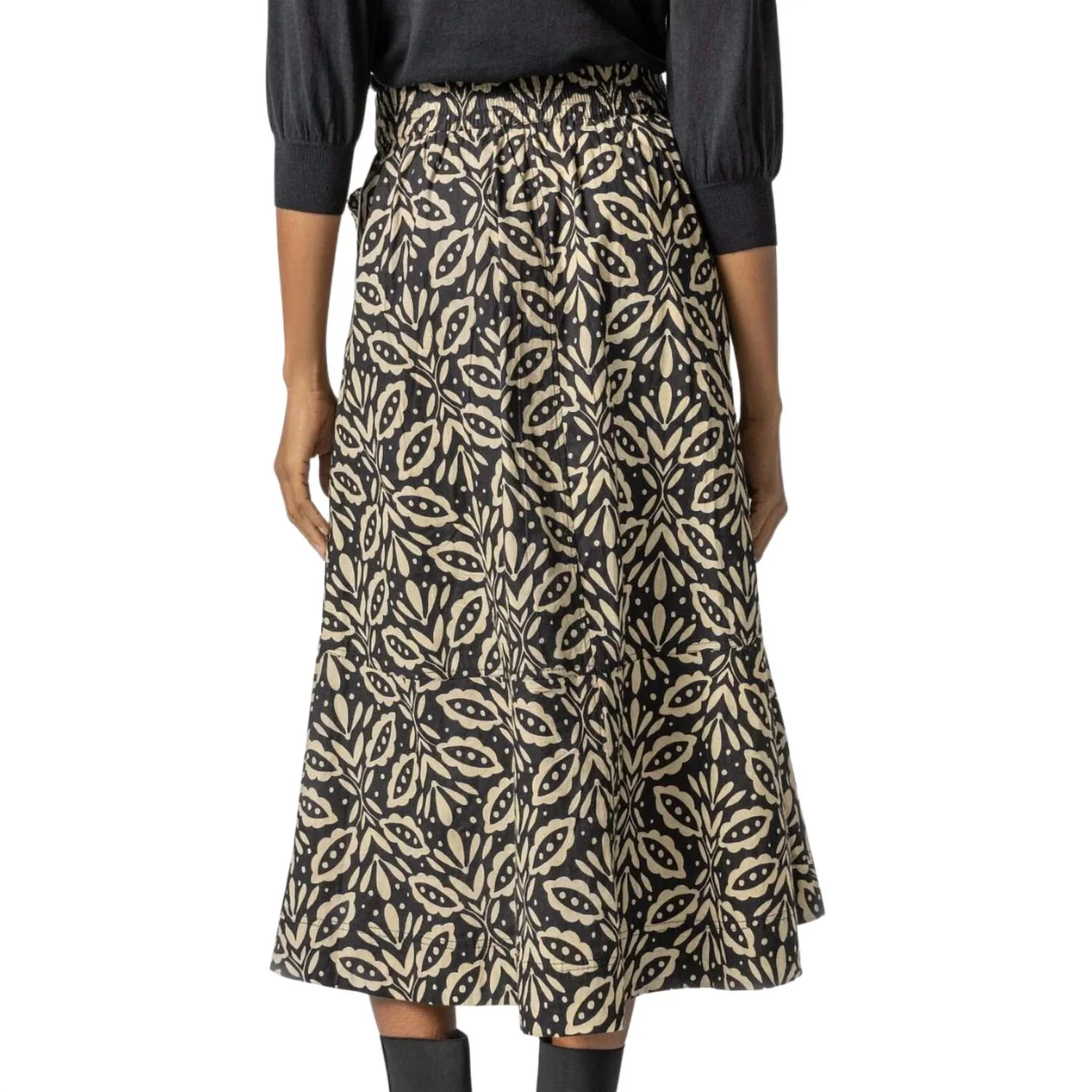 Belted Midi Skirt In Khaki Motif