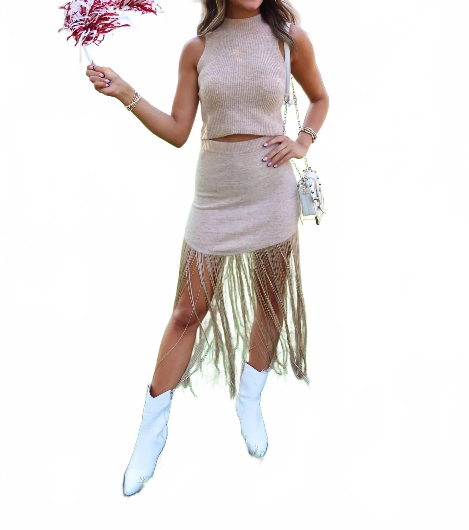 Fringe Knit Sweater Skirt Set In Tan