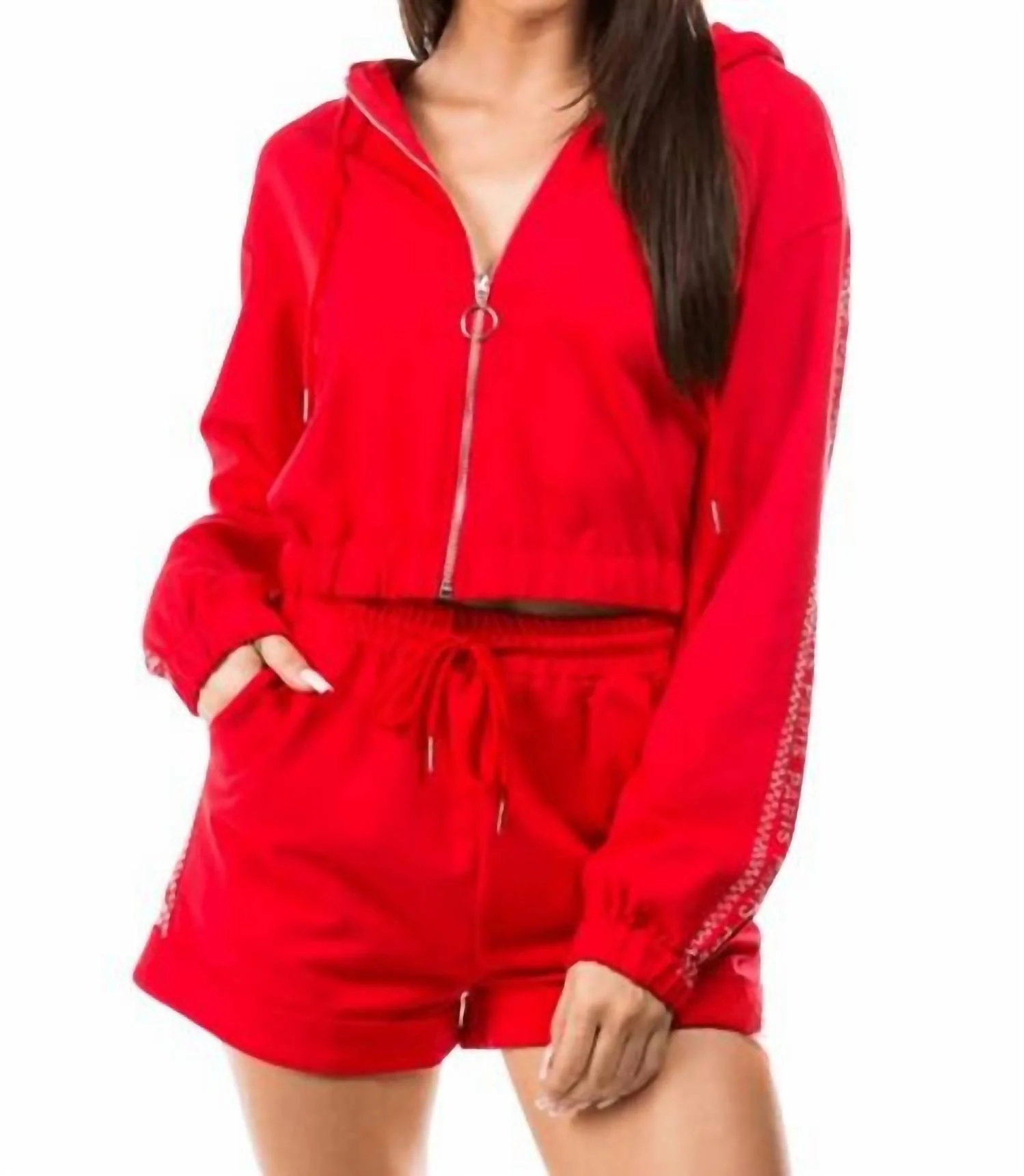 Line In Paris Long Sleeve Hoodie And Short Set In Red
