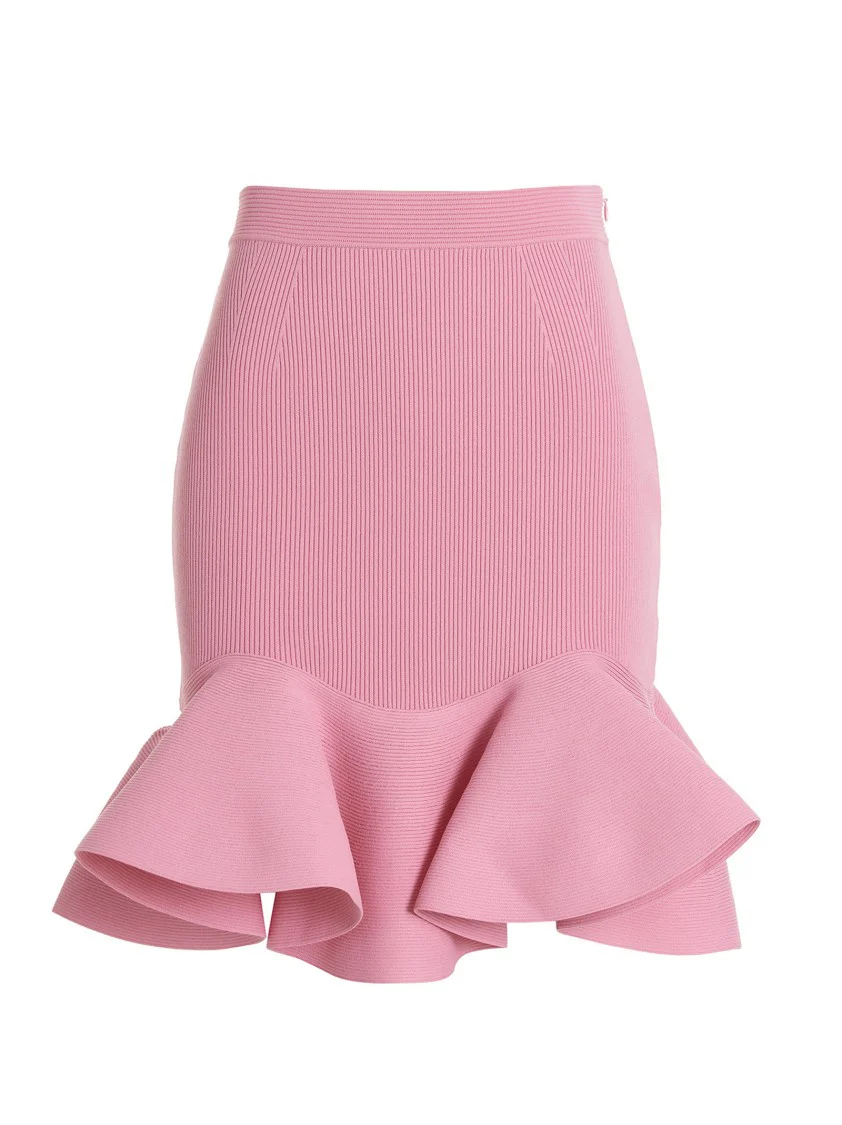 Fitted Ribbed Skirt With Flared Ruffle Hem