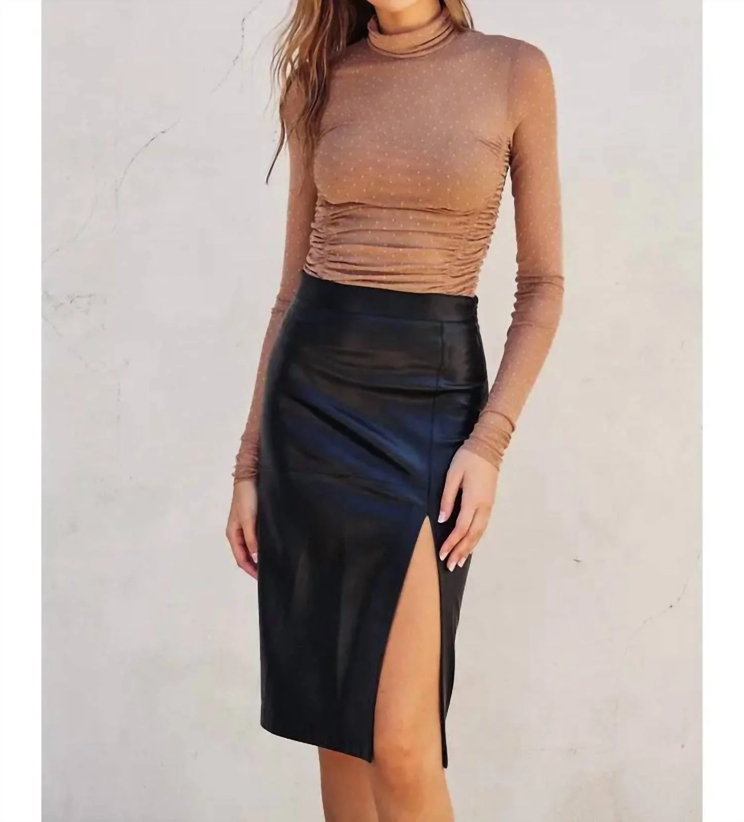 Lainey Faux Leather Midi Slit Skirt In Black