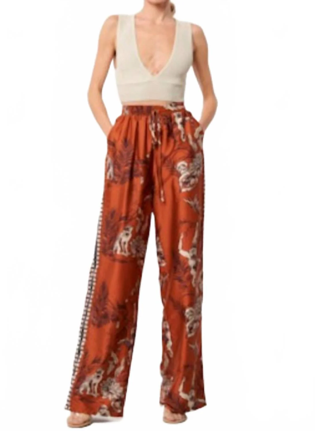 Satin Monkey Print Pants In Multi
