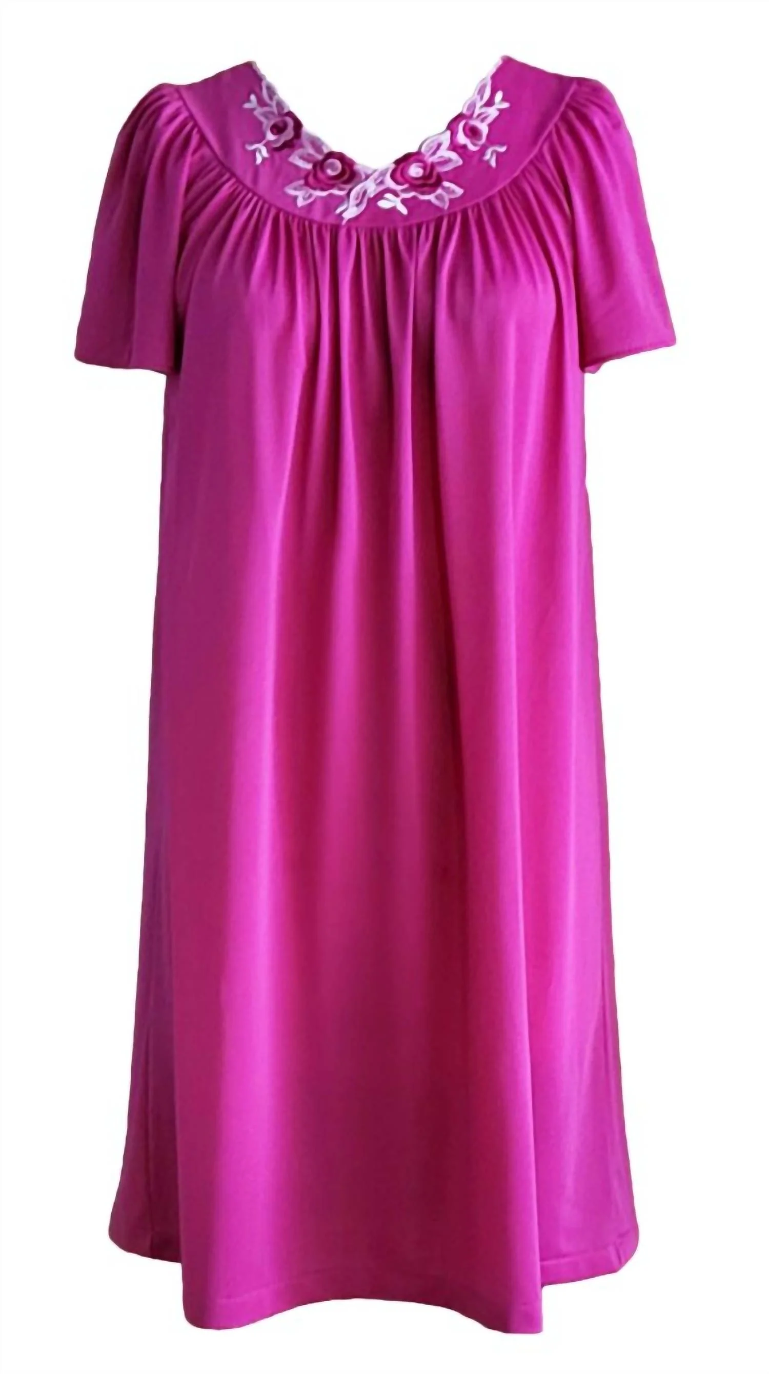 Women's Short Gown With Flower Petal Embroidery And Flutter Sleeves In Rapsberry