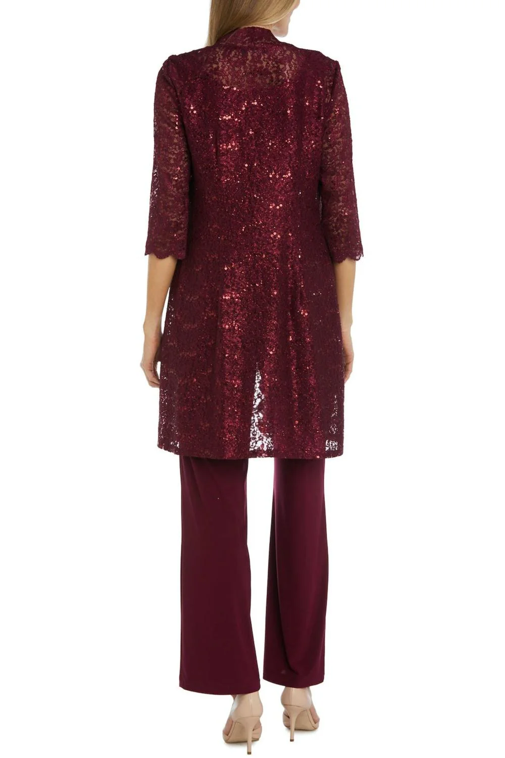Lace 3/4 Sleeve 3-Piece Pants Set In Merlot