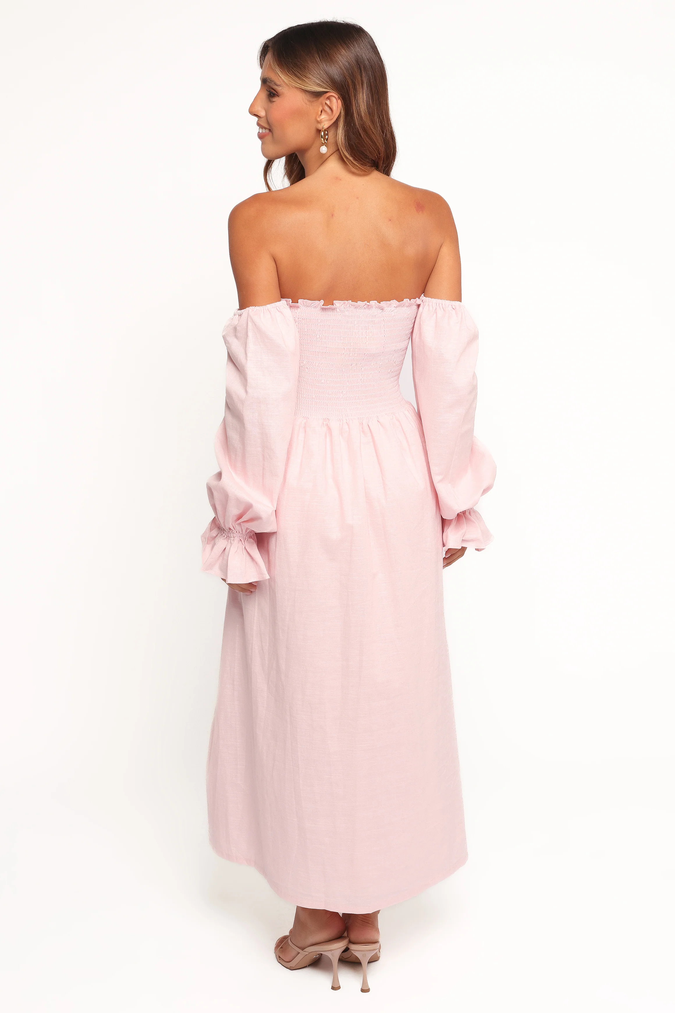 Domenica Shirred Long Sleeve Midi Dress - Pink