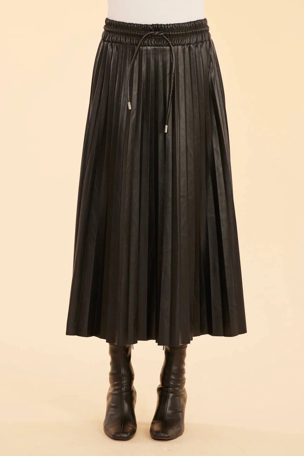 Vegan Leather Pleated Drawstring Midi Skirt In Black