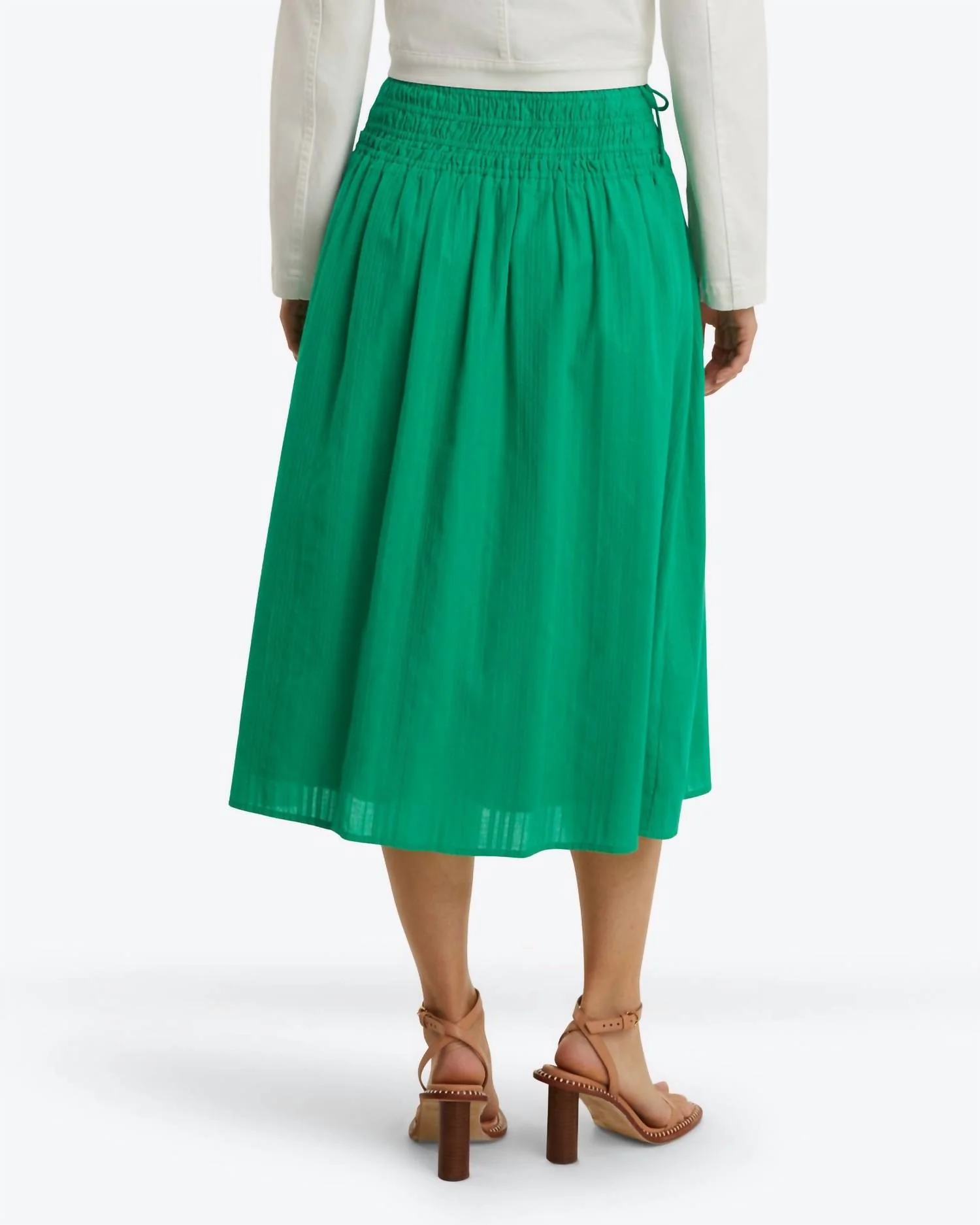 Smocked Waist Midi Skirt In Mint Green Dobby Stripe