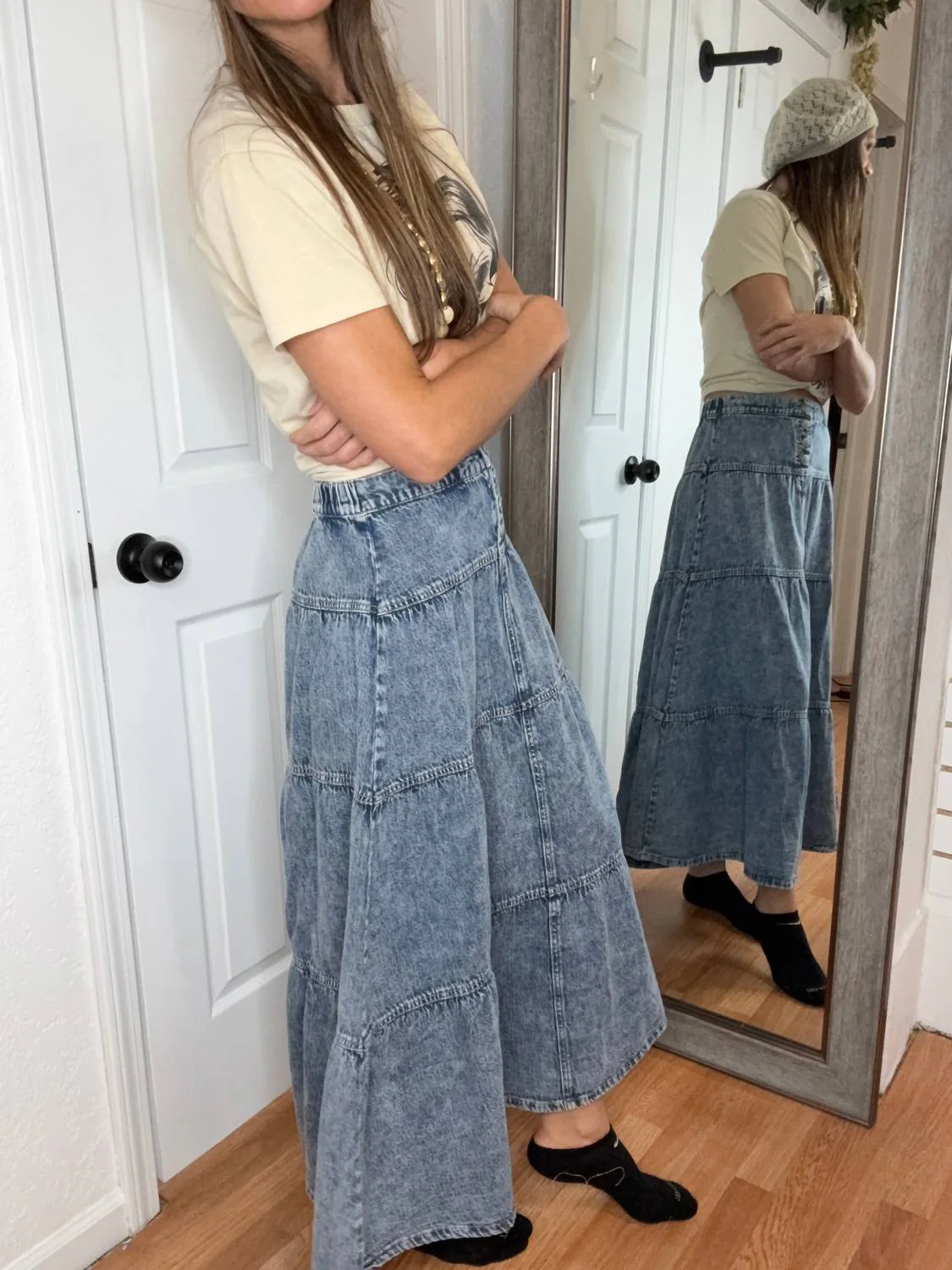 Lilly Denim Tiered Maxi Skirt In Blue