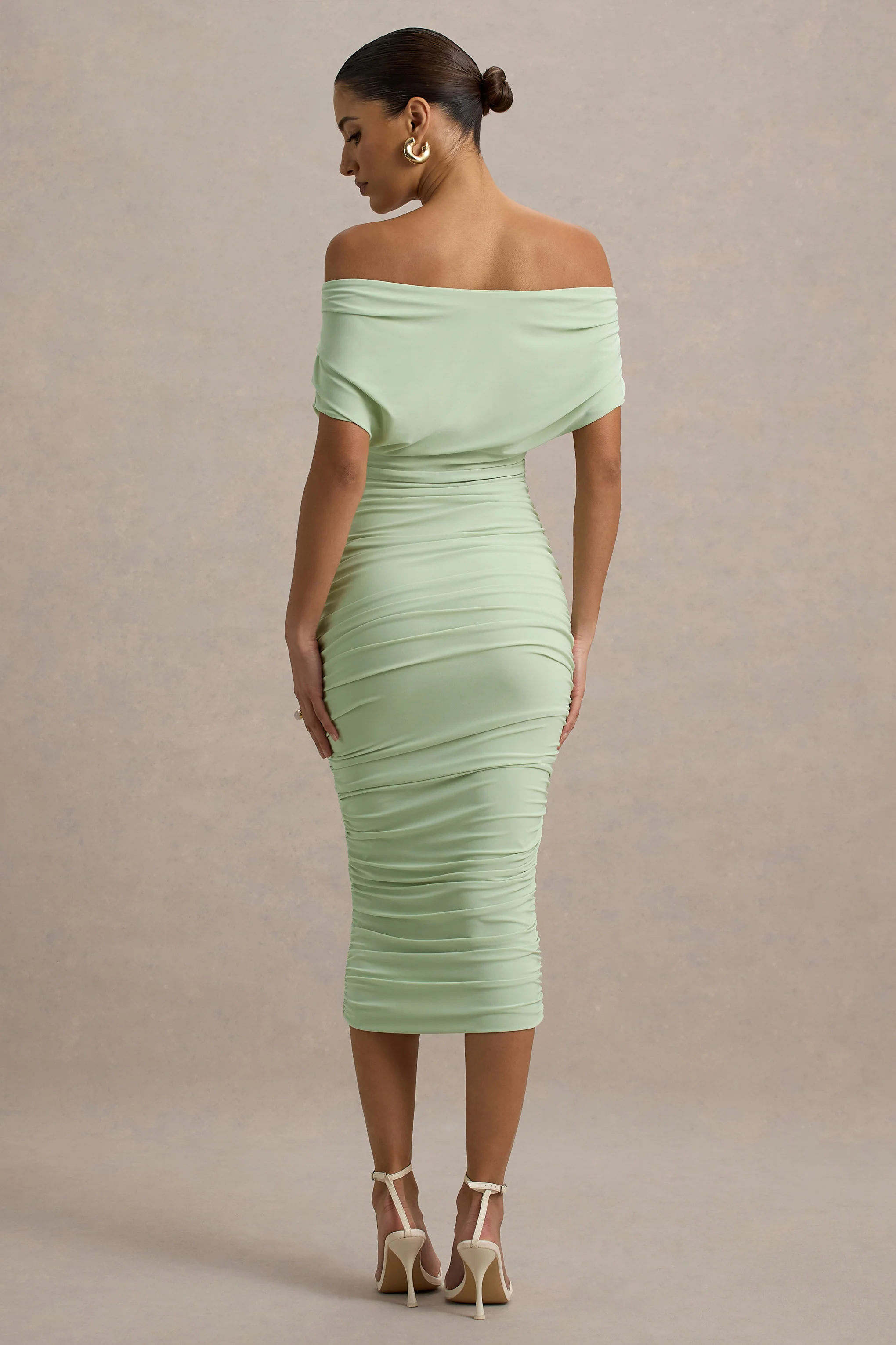Rayleigh | Light Green Bardot Ruched Midi Dress