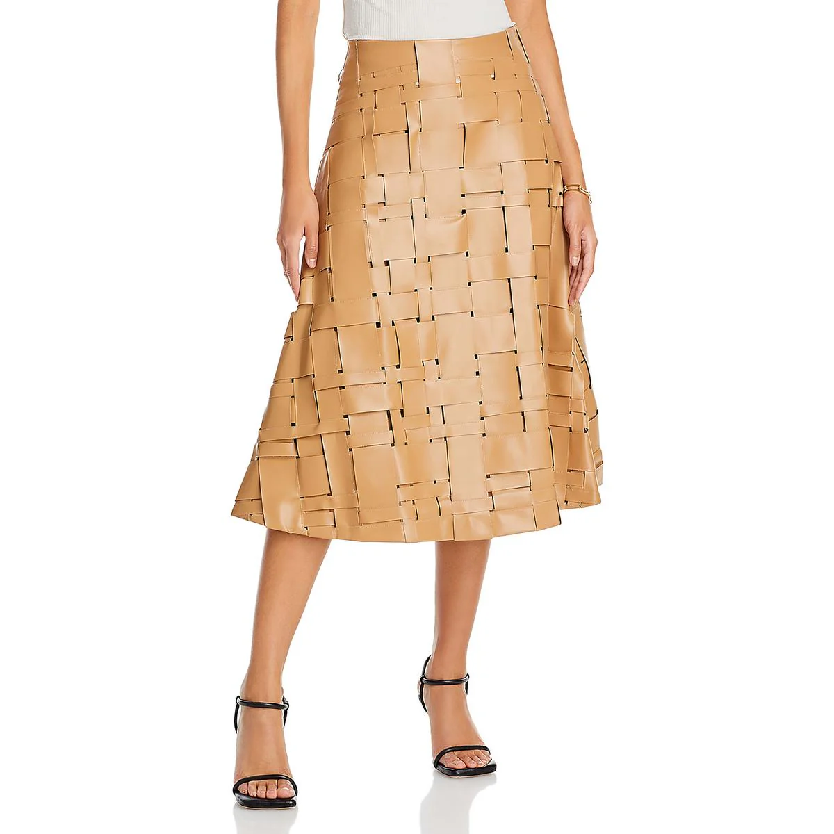 Womens Faux Leather Woven Midi Skirt