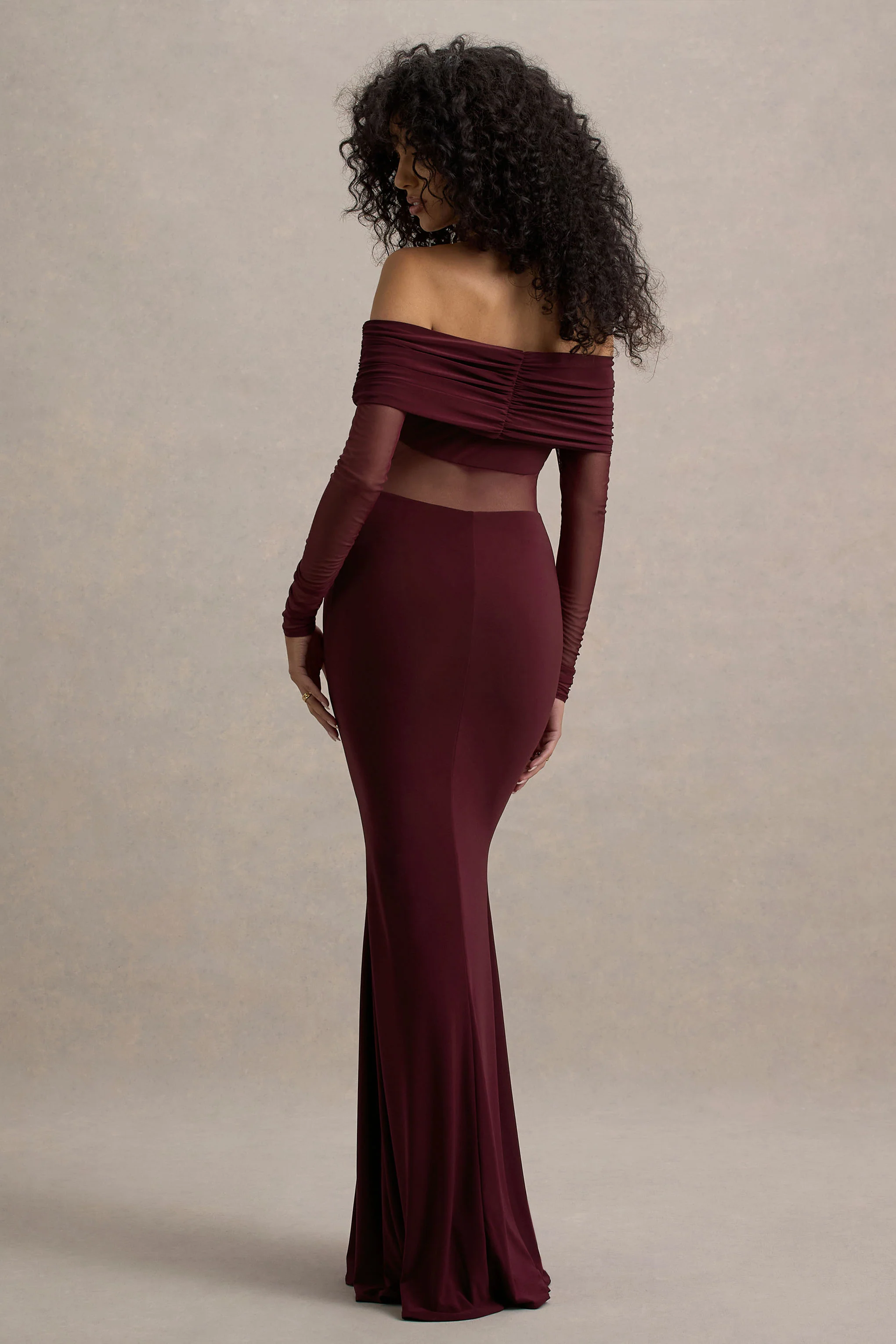Ismeralda | Burgundy Mesh Ruched Bardot Maxi Dress